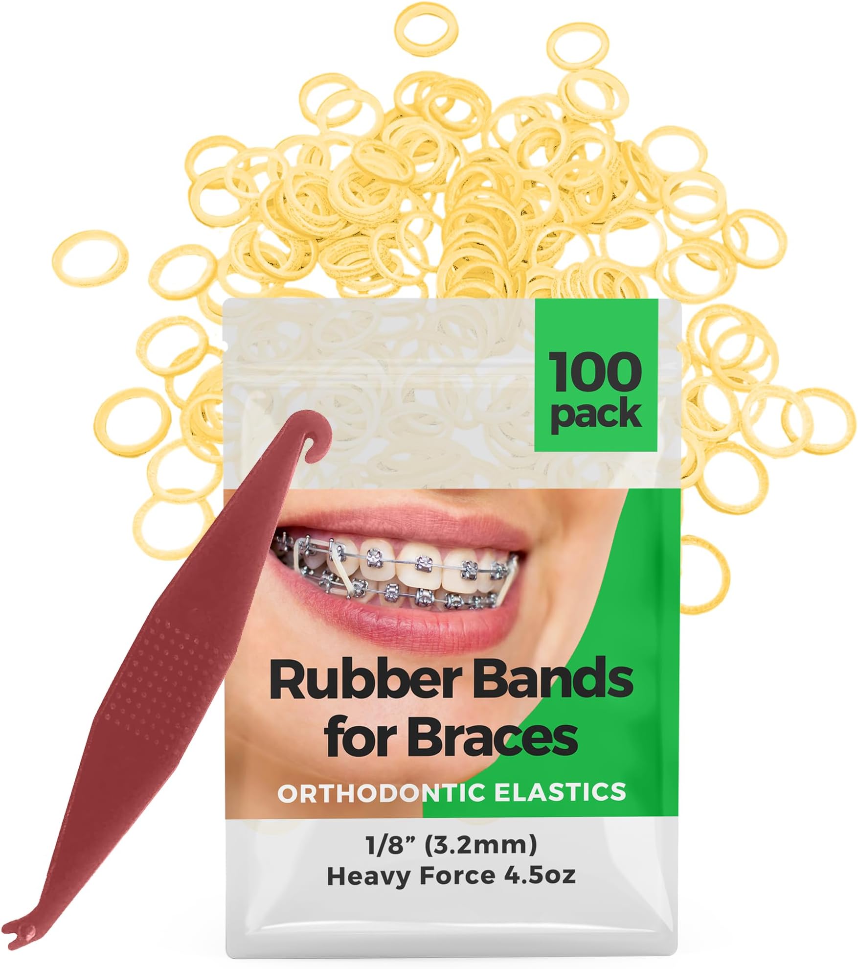 Orthodontic Rubber Bands for Braces - Premium Quality Elastic Teeth Rubber Bands for Braces, Fix Tooth Gaps, Dreadlocks, Includes Free Elastic Placer - Heavy Force 4.5 oz, 1/8 Inch, Natural (100 Pack)