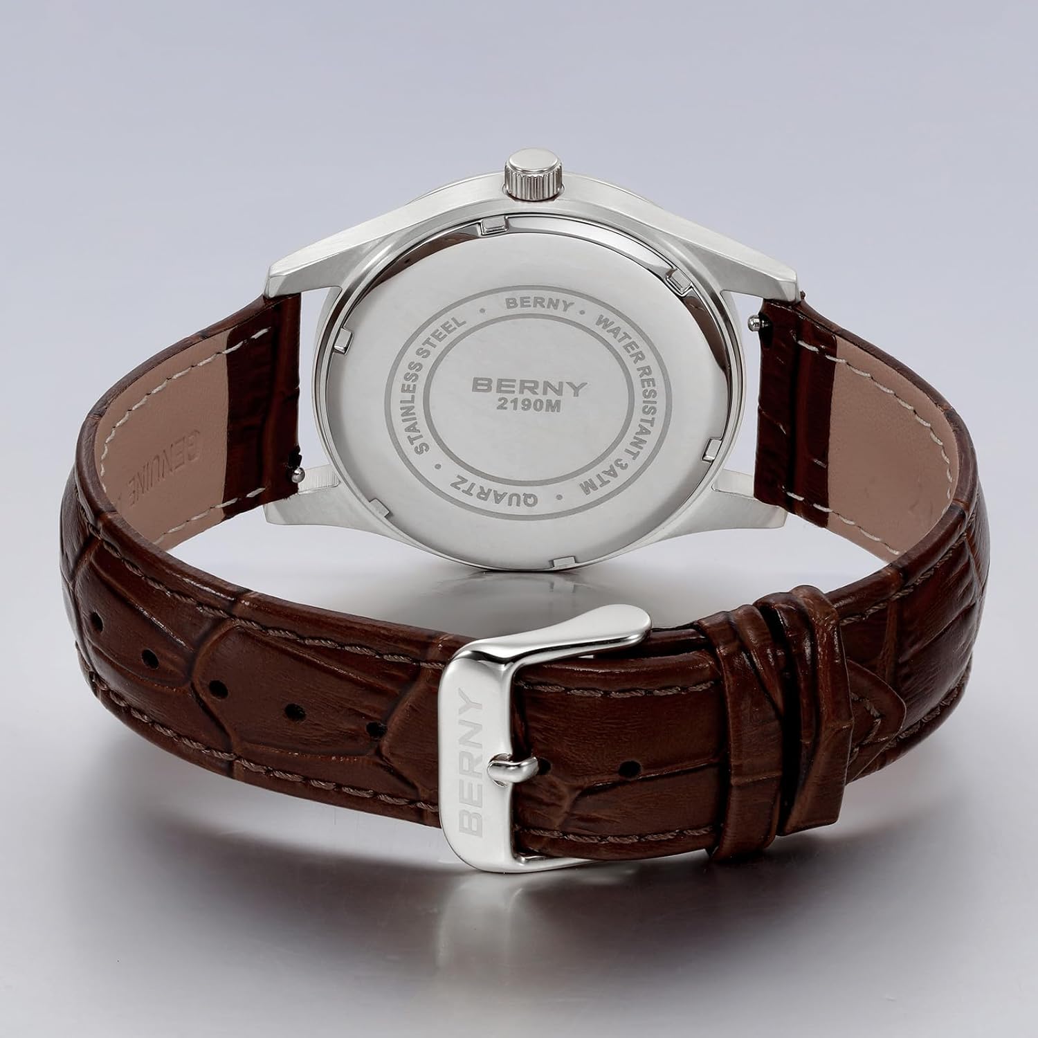 BERNY Silver Watch for Men Moon Phase Watches Multi-Function Quartz Wristwatch Easy Read Arabic Numerals Dial Analog Watches Stainless Steel Case Sub-dial with Date Day Calendar