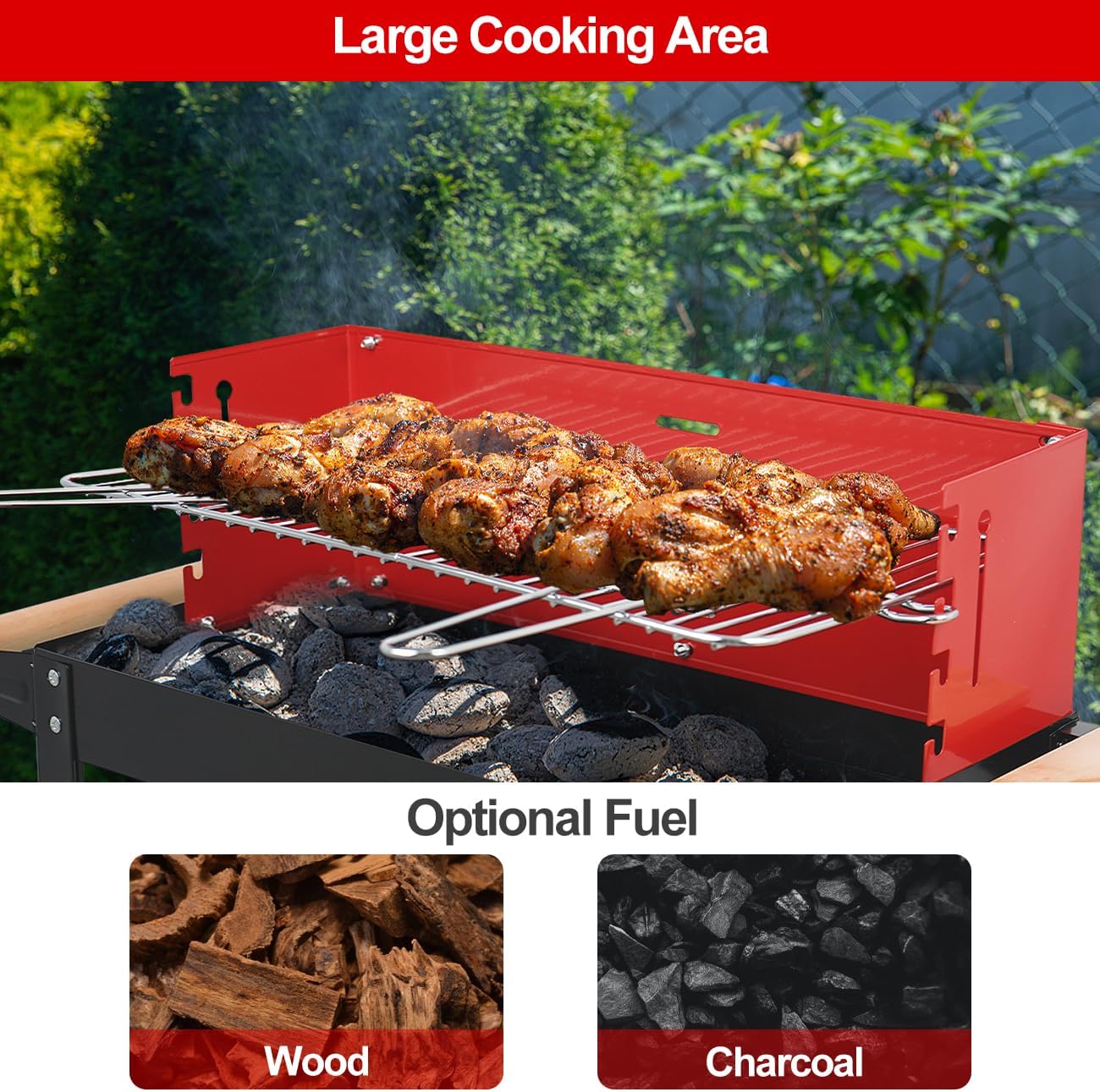 Charcoal Grill, Outdoor BBQ Portable Grill with Side Table and Wheel, Folding Grill for Outdoor Cooking Camping Garden (Red)