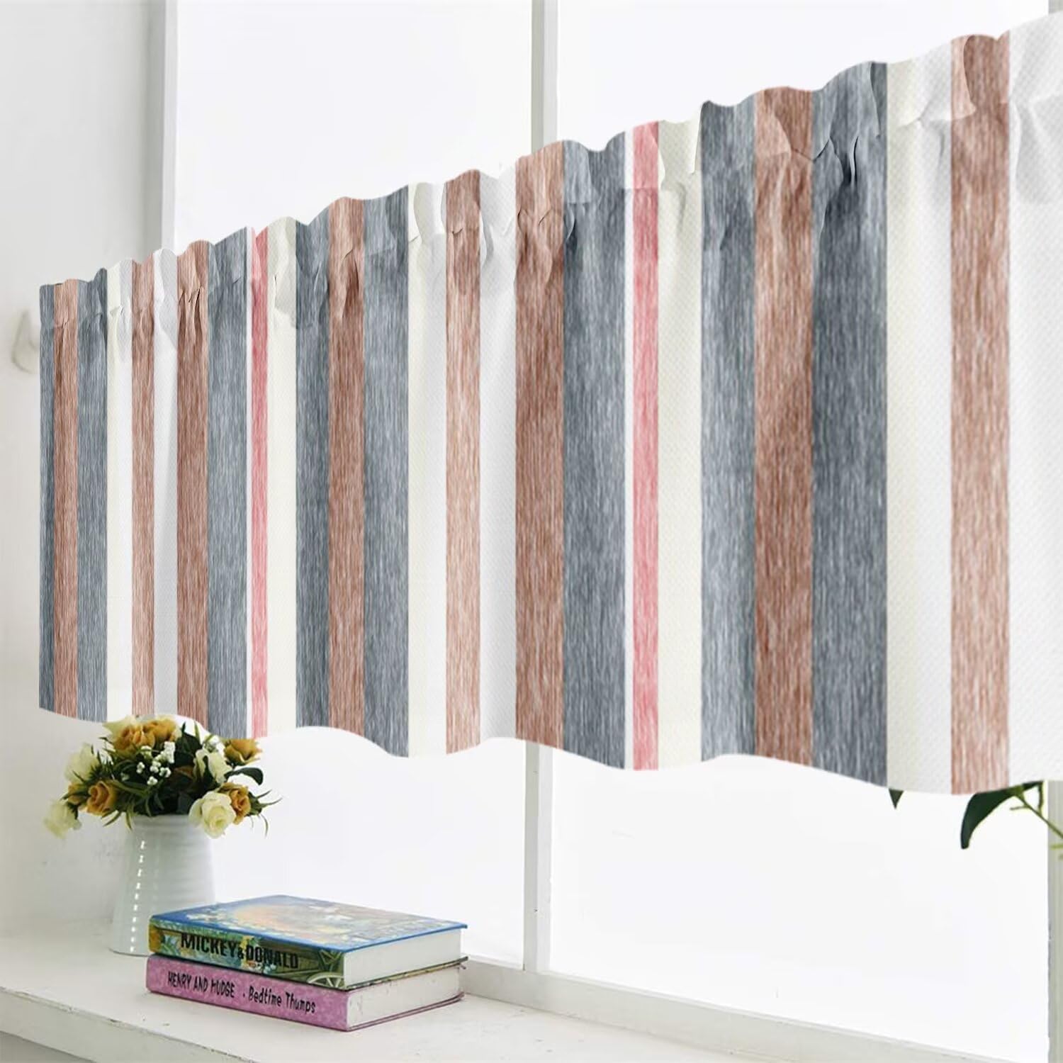 Striped Valances for Windows, Grey Brown Beige Stripes Kitchen Valance for Bedroom Living Room Bathroom Geometric Small Window Treatments 2Panels 42x18inches