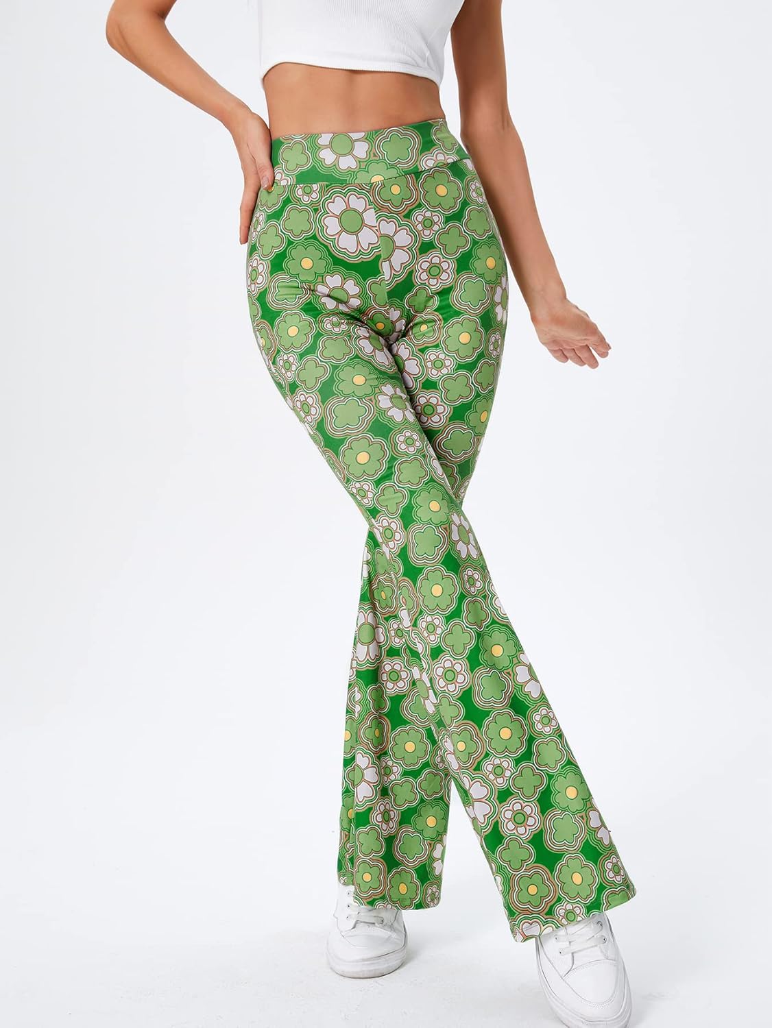 WDIRARA Women's Elastic High Waist Allover Print Floral Bell Bottom Flare Leg Long Pants - Image 7