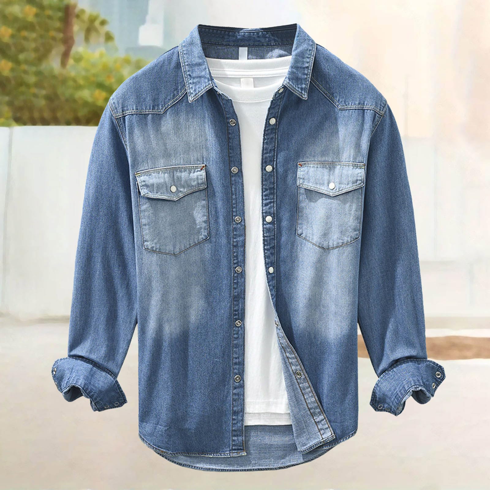 Camicia da uomo in denim, a maniche lunghe, con colletto da cowboy Kent, vestibilità normale, a maniche lunghe, da lavoro, tinta unita, con bottoni automatici