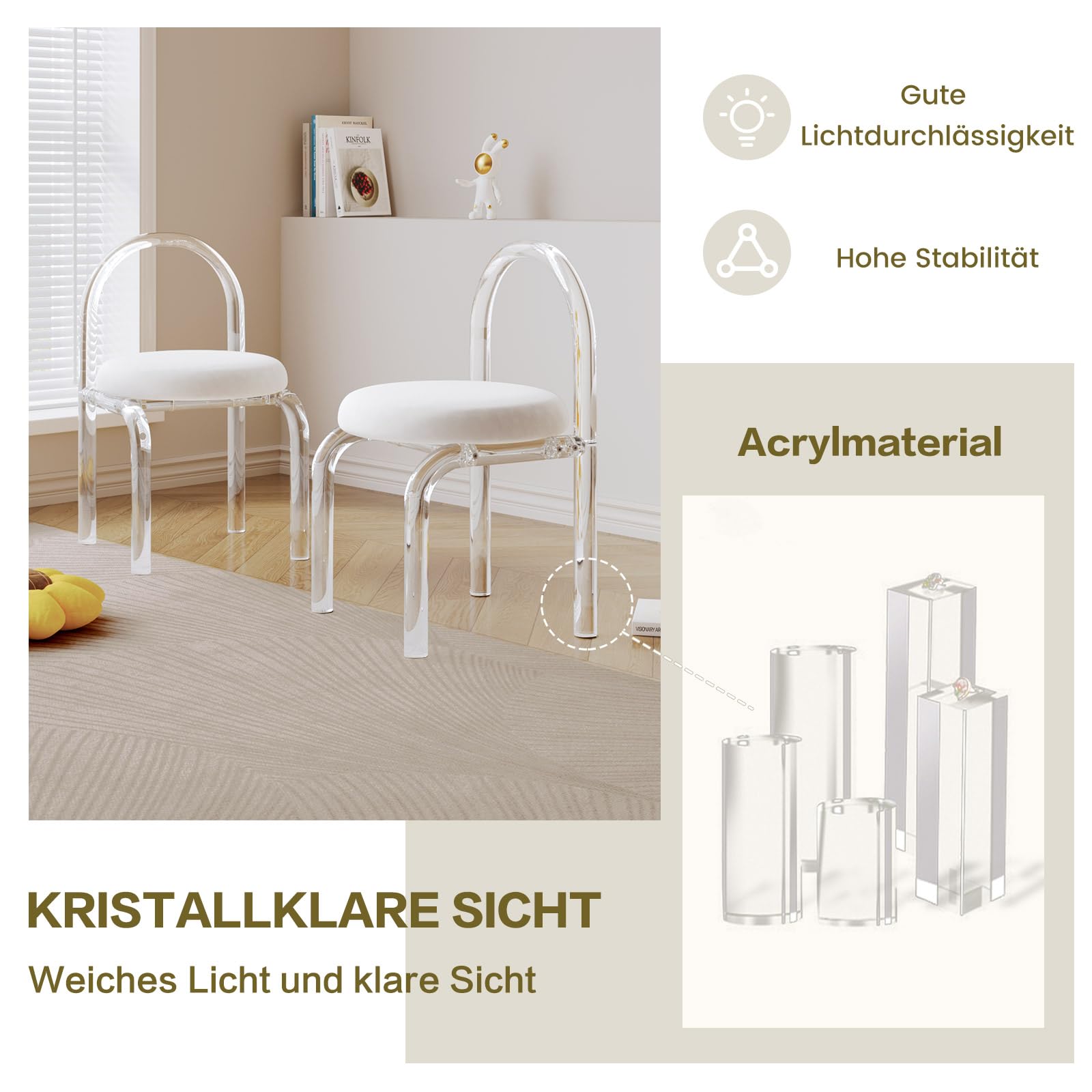 Miuuod Stilvoller Schminkstuhl aus Kristallacryl, niedlicher Schminktischstuhl, Acrylstuhl im Cartoon-Stil mit weich gepolsterter Sitzfläche für den Frisiertisch