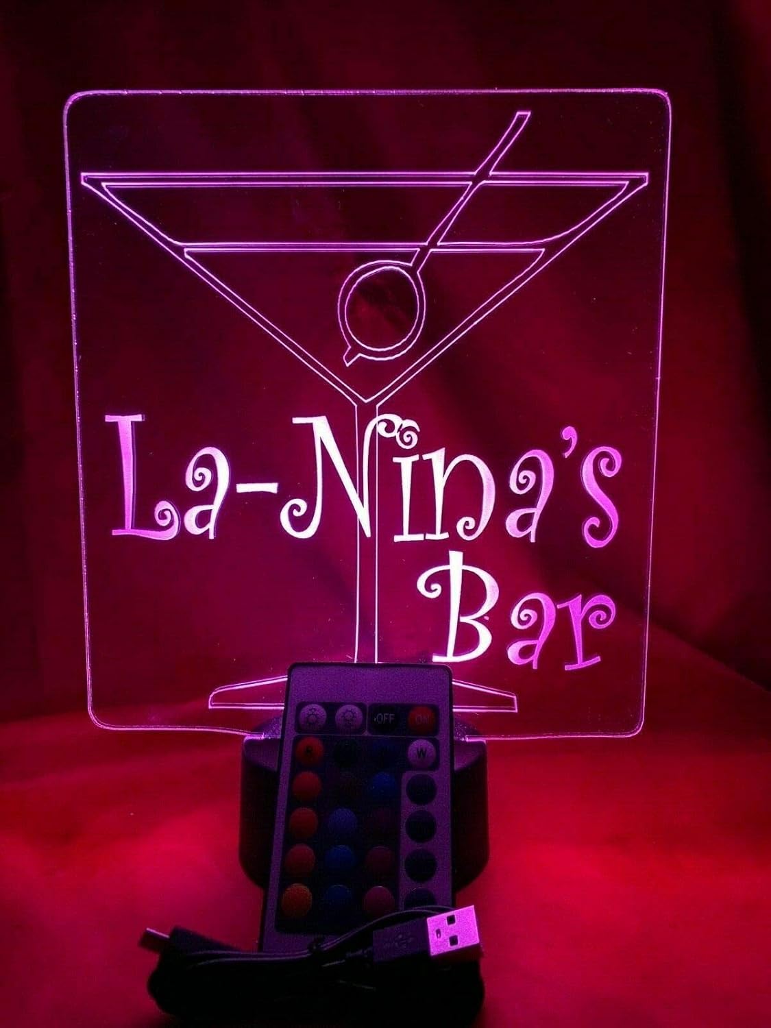MIRROR MANIA Bar Up Night Light Up Lamp LED Free Engraved Custom Name Personalized Home Custom Cocktail Martini Glass Sign Table Lamp, with Remote, 16 Color Options, Dimmer, It's Wow, Great Gift