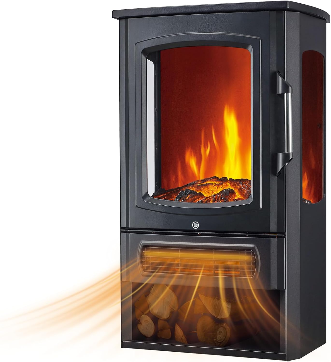 Freestanding Electric Fireplace Stove Heater, 1500W with Realistic 3D LED Flame Effect, Adjustable Brightness & Thermostat, 2 Heat Settings, Overheat Protection, for Home Indoor Use