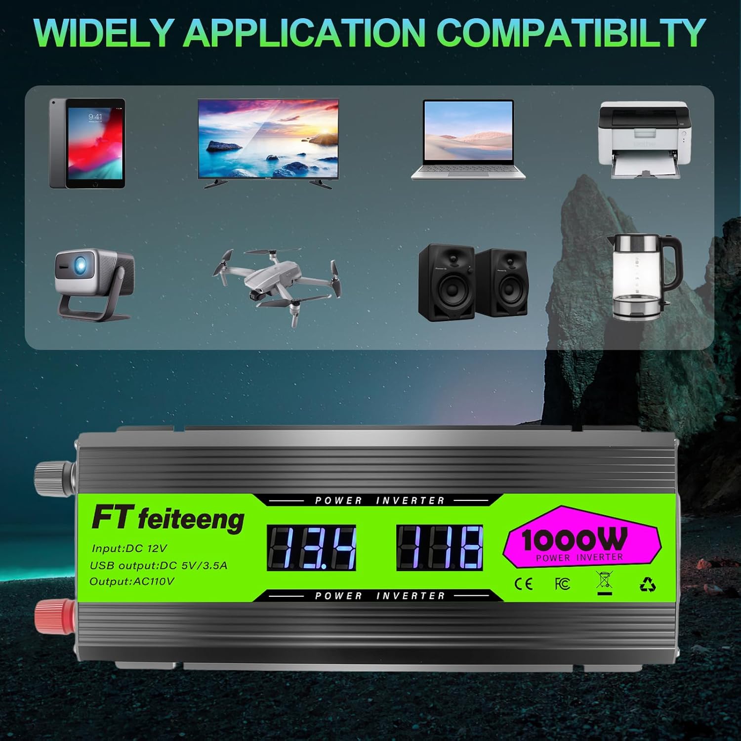 1000 Watt Inverter, 12v Dc to 110v/120v Ac Car Inverter with LCD Display, Ac Socket and 2 USB Ports Car Power Inverter for Truck, Home, Vehicles, Laptops and Traveling Power Inverter.