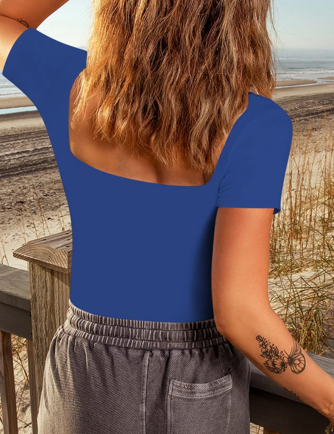 Chunpin Women's Sexy Square Neck Short Sleeve Bodysuit Tops Double Lined Slim Fitted Thong Body suit - Image 7