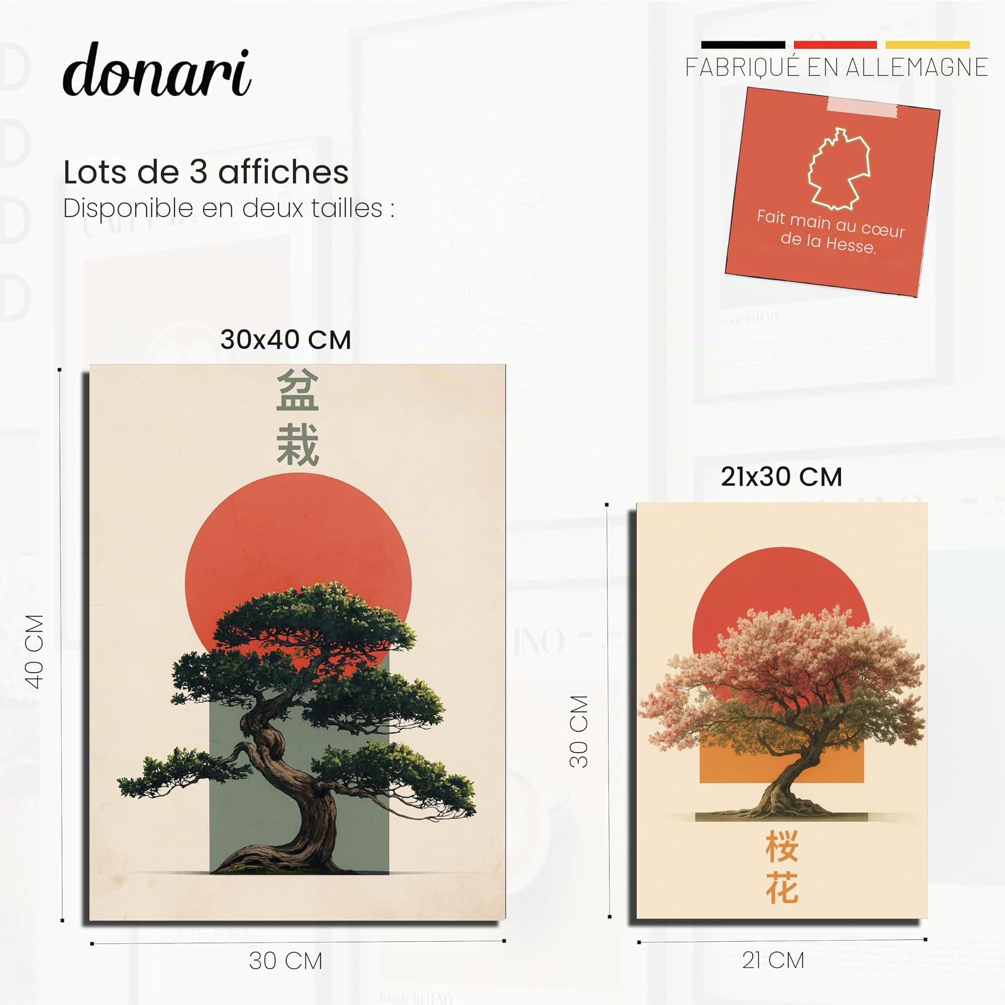 Donari Lot de posters japonais – Tableaux muraux avec motifs asiatiques | Kyoto, Tokyo & culture traditionnelle | Idée cadeau pour les fans du Japon (lot de 6 - Bonsaï x Bambou, 30x40 cm, Cadre noir)