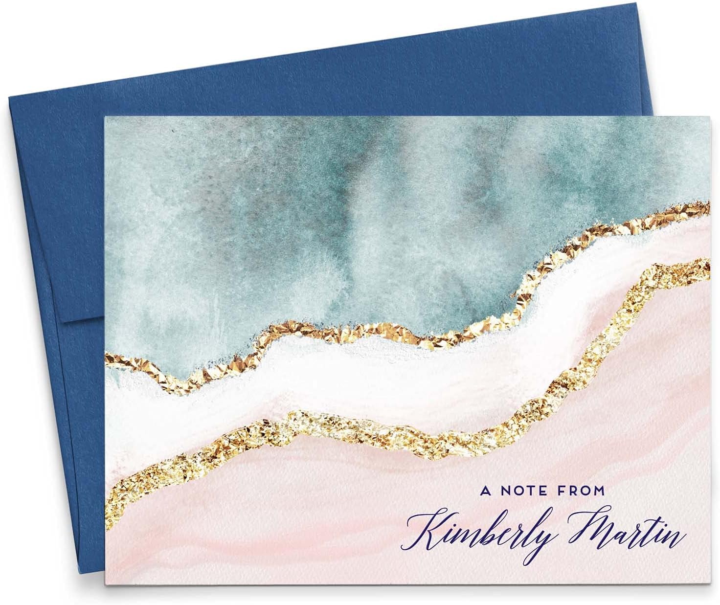 Agate Personalized Stationery for Women, Elegant Personalized Geode FOLDED Note Cards with Envelopes, Personalized Stationary for Women with Script Font, Your Choice of Colors and Quantity