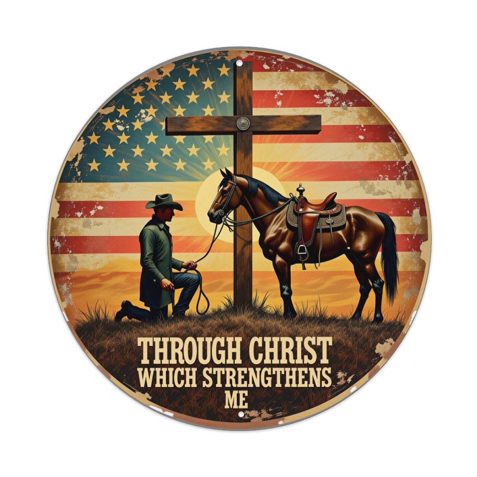 American Flag Cross Cowboy Horse Round Tin Sign Vintage Metal Poster, Home Bar Garage Man Cave Cafe Indoor & Outdoor Wall Decoration 8x8Inches