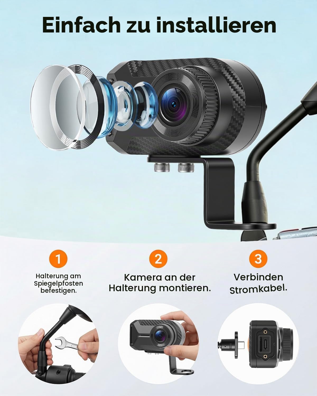 SIXWIN 1080P Motorrad Dashcam, WiFi & App Motorradkamera mit Farb-Nachtsicht, Schleifenaufzeichnung,IP66 Wasserdicht Motorrad Autokamera und Weitwinkel