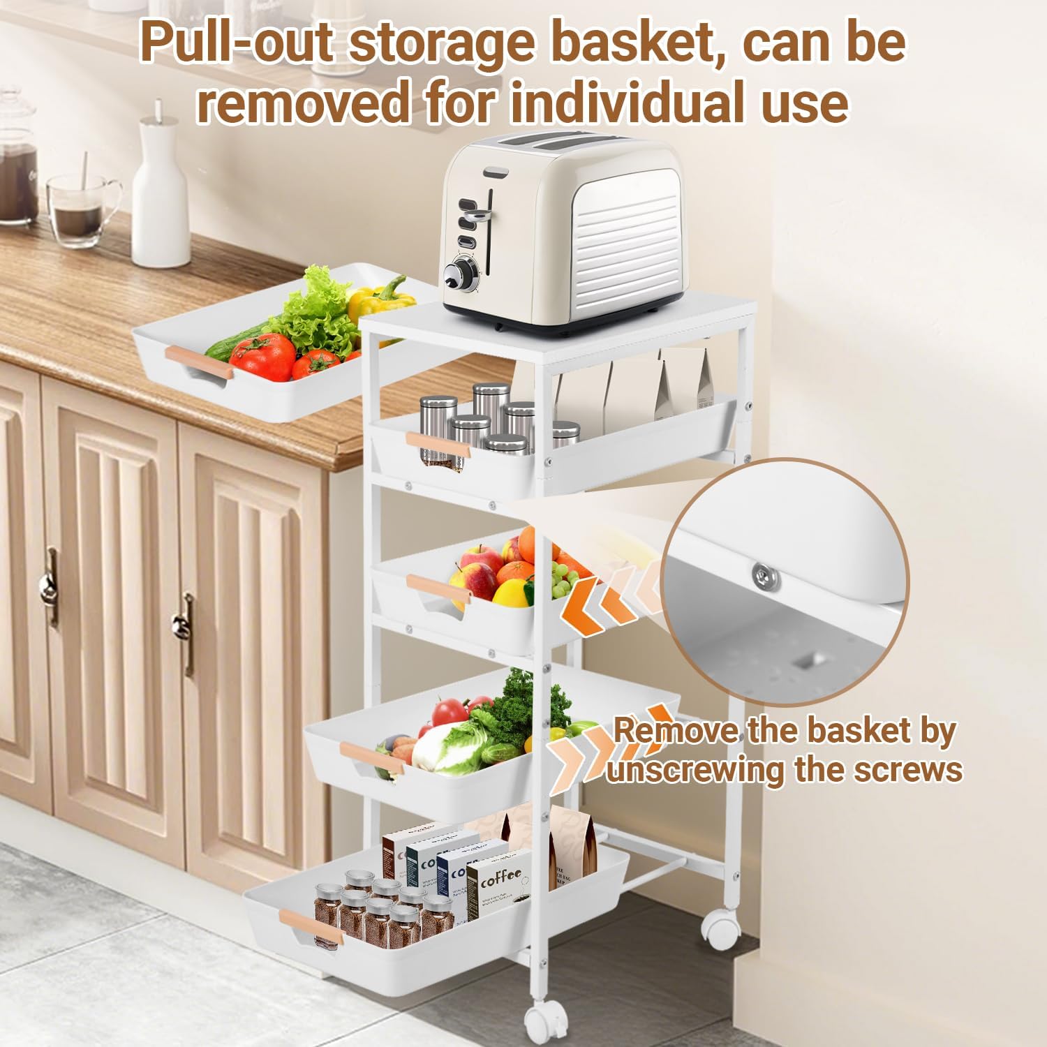 Fruit Vegetable Cart for Kitchen, 5-tier Storage Cart on Wheels with Wood Top, Pull Out Drawers, Metal Frame, Rolling Storage Cart for Livingroom, includes Hanging Box, Hooks and Labels, White