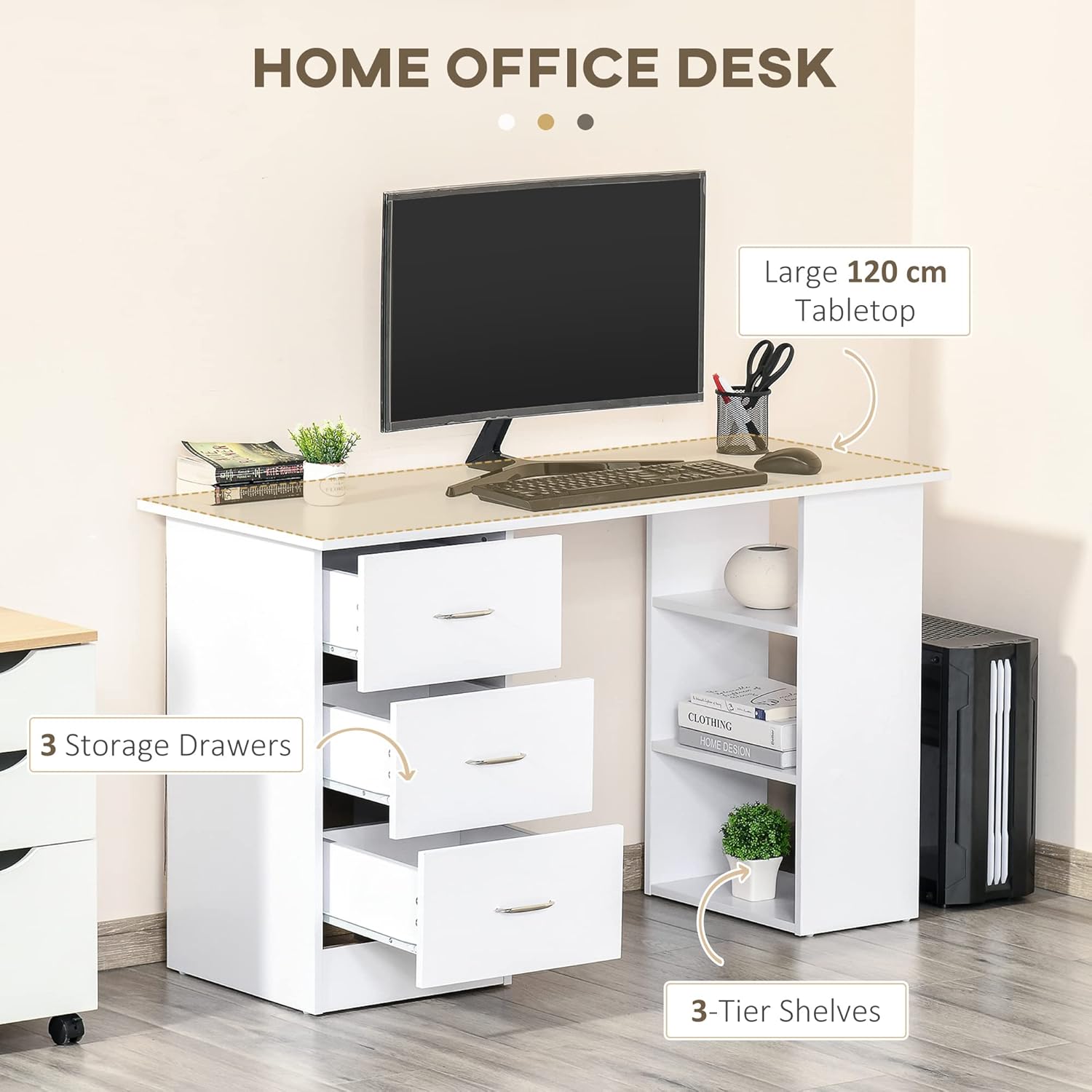 HOMCOM Computer Desk with Storage, 47" Writing Table with 3-Tier Shelves and 3 Reversible Drawers, Work Desk for Home Office, Bedroom, White - Image 4