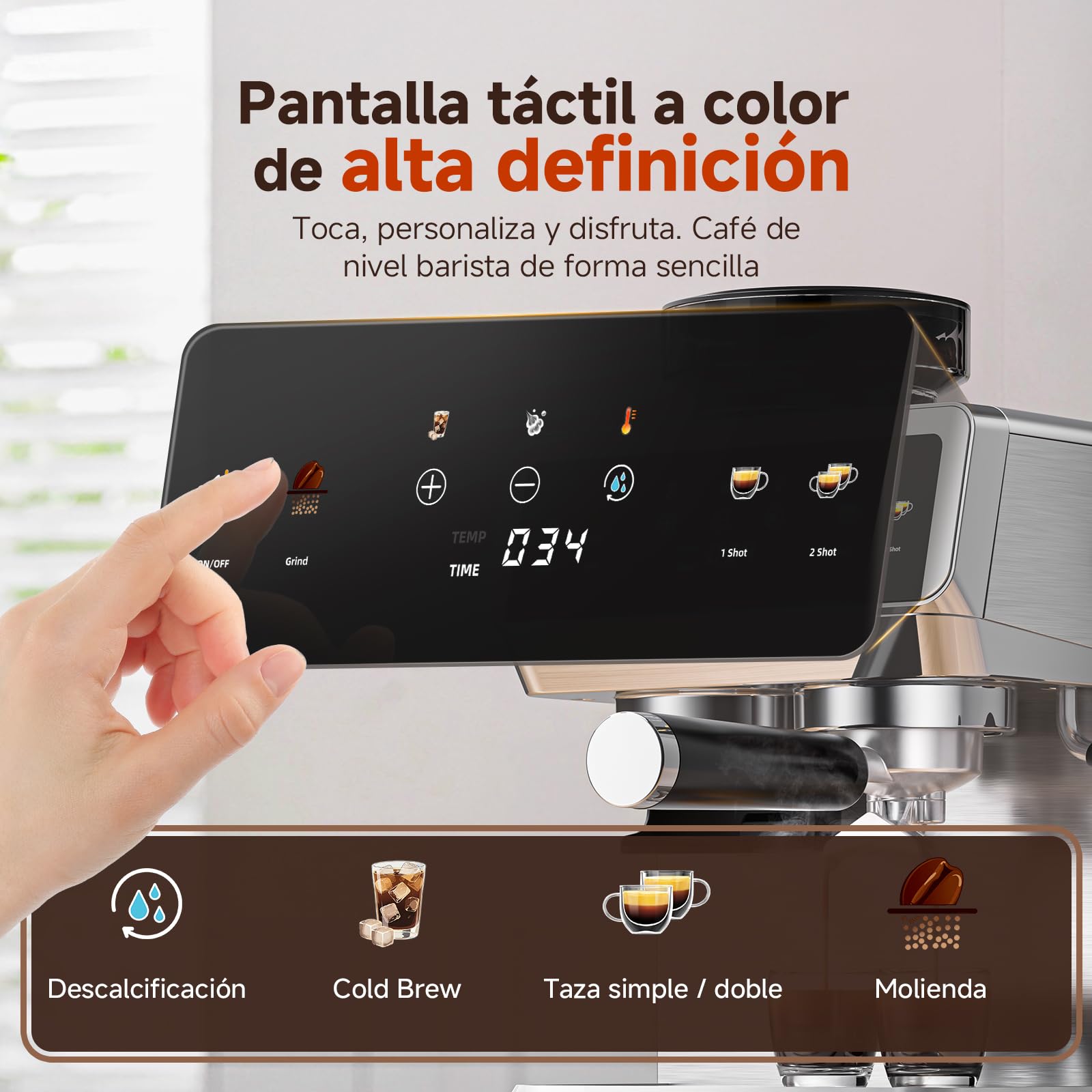 AMZCHEF Cafetera Espresso con Molinillo Integrado 20 Bares – Máquina de Café con 44 Ajustes de Molienda，Vaporizador de Leche, 4 Temperaturas, Función Café Frío, Acero Inoxidable, Depósito 1.8L