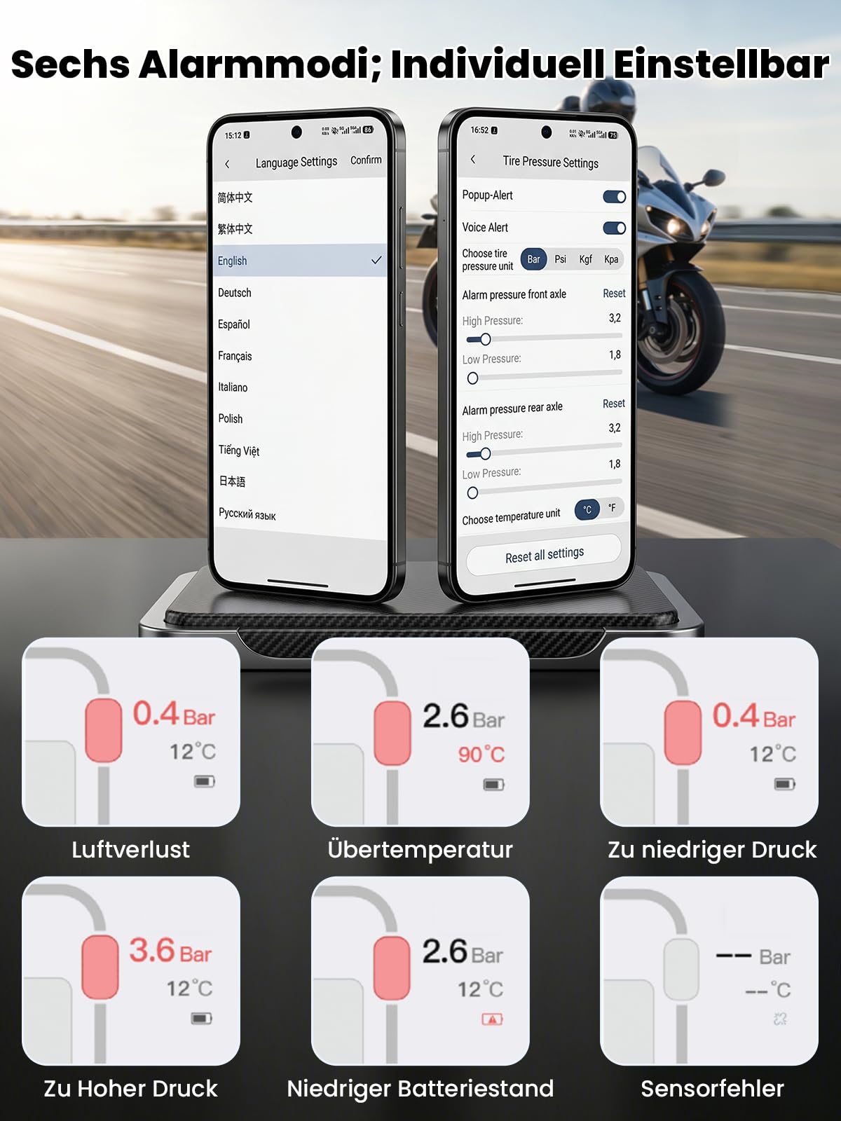 Reifendruckkontrollsystem TPMS Motorrad Auto Drahtlose Reifendrucksensoren mit App Echtzeit Druck Temperatur Alarmfunktion für iOS Android PKW SUV LKW Wohnmobil Universell Ventil Sensor Set