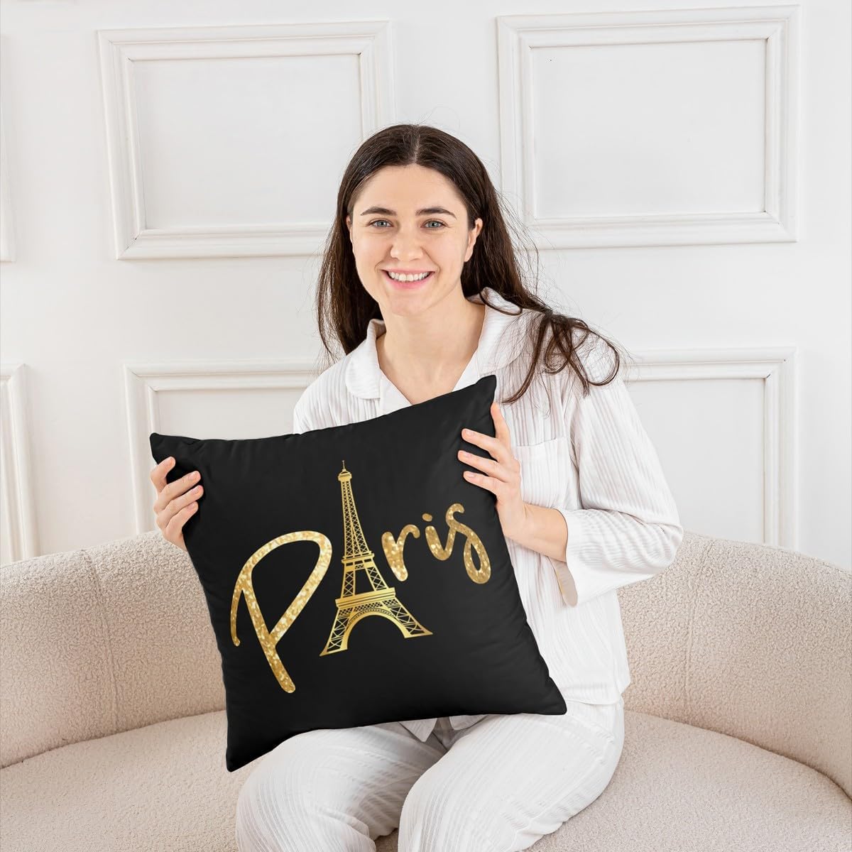 jejeloiu Eiffel Tower Throw Pillow Covers for Couch Sofa Bed, Set of 2 Paris Decor Decorative Pillows Cushion Covers,Trip Design Black Gold Pillow Inserts Not Included, 24x24 inch