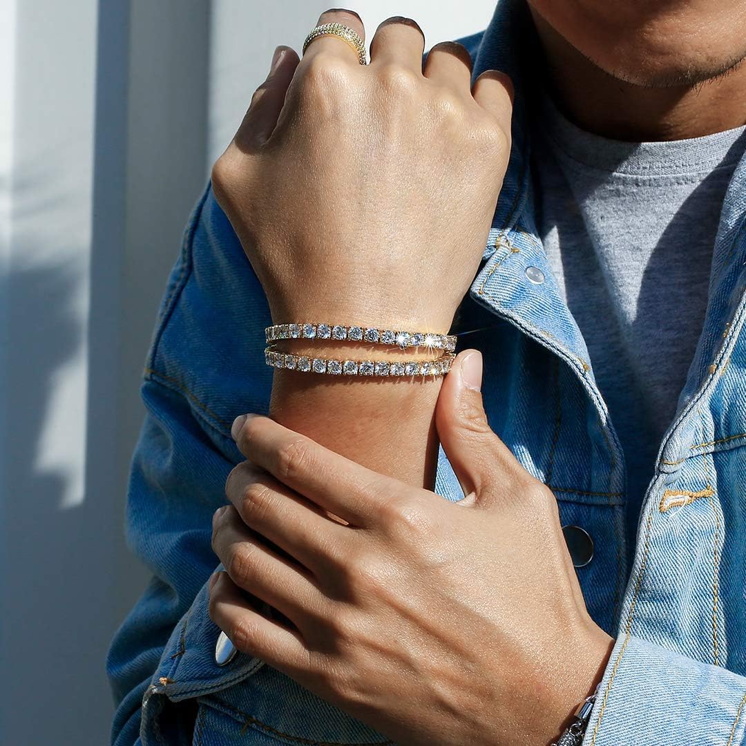 ITALIAN 5A LAB ZIRCONIA Tennis Bracelet for Men | 14K Gold Plated 925 Silver Bold Statement Jewelry | 3mm 4mm 5mm Width Options | Men's Diamond Bracelet, Gold & Rhinestone Tennis Bracelets Gift for Women & Men - Image 2