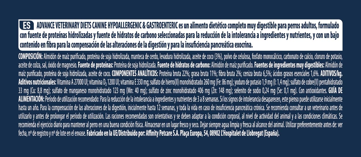 Advance Veterinary Diets Hypoallergenic, Pienso para Perros para Reducir las Intolerancias alimentarias, 10kg