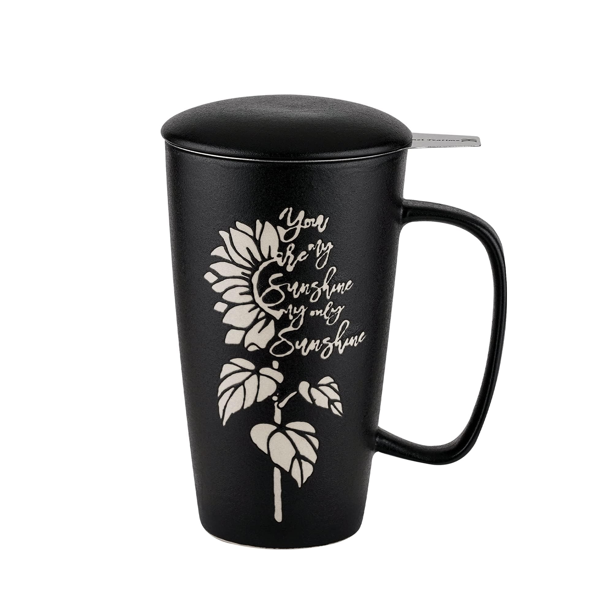 Ceramic Tea Cup with Infuser and Lid, Black 15.5 oz Cream Tea Infusion Mug with Large Strainer, You Are My Sunshine My Only Sunshine Mug