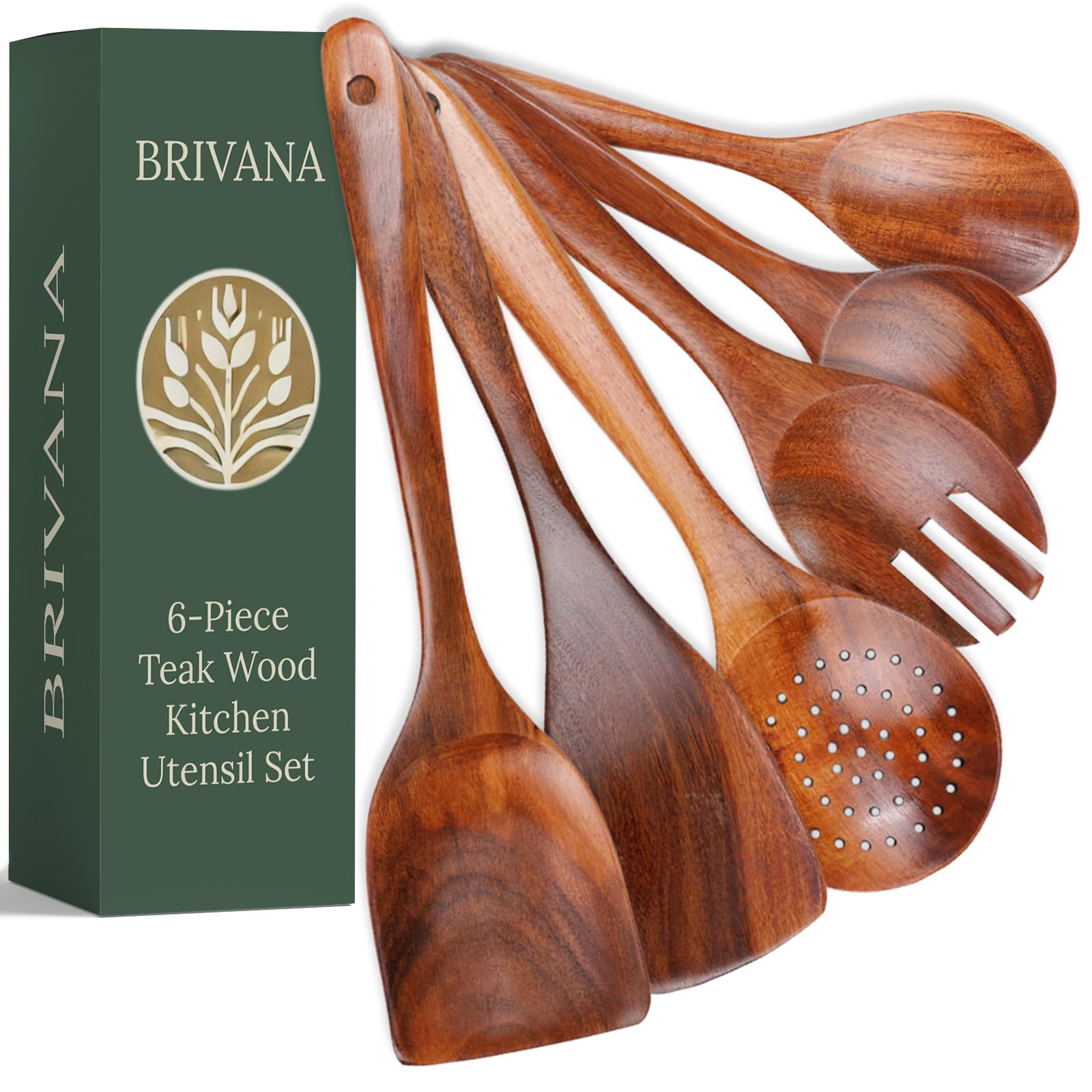 BRIVANA 6-Piece Teak Wooden Kitchen Utensils Set, Wood Cooking Spoons and Tools, Wooden Utensil Set, Kitchen Accessories, Non-Stick Cookware Safe
