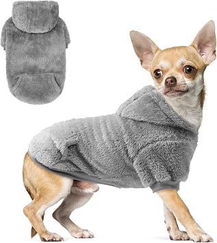 SCENEREAL Fleece Dog Sweaters Hoodie for Small Medium Large Dogs Girls Boys, Plush Fuzzy Dog Clothes Hoodies with Leash Hole, Winter/Fall Puppy Cold Weather Coat, Sherpa Hooded Sweatshirt, Grey XS