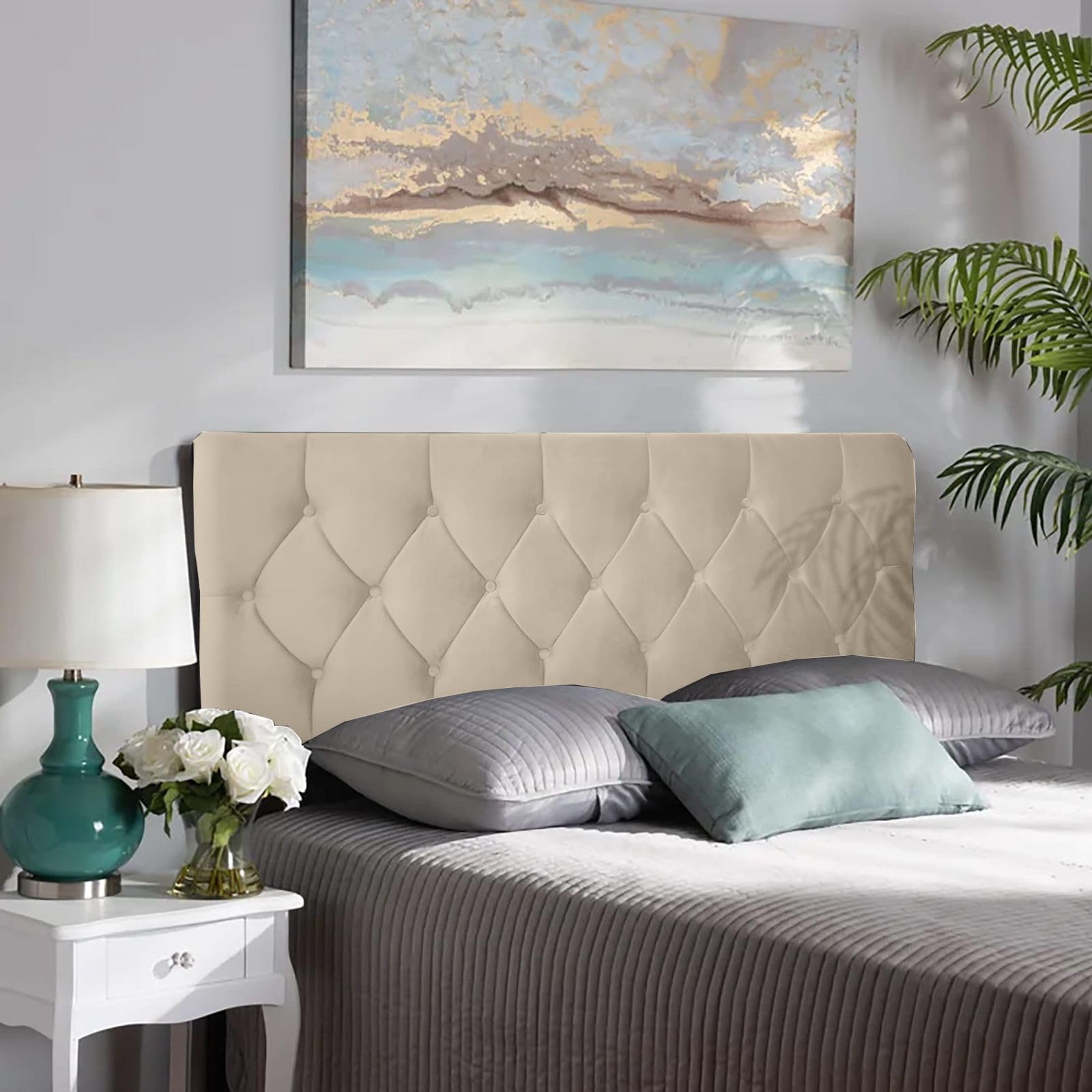 Somna Living Luxury Velvet Upholstered Tufted Headboard (Cream off, 5 FT King)