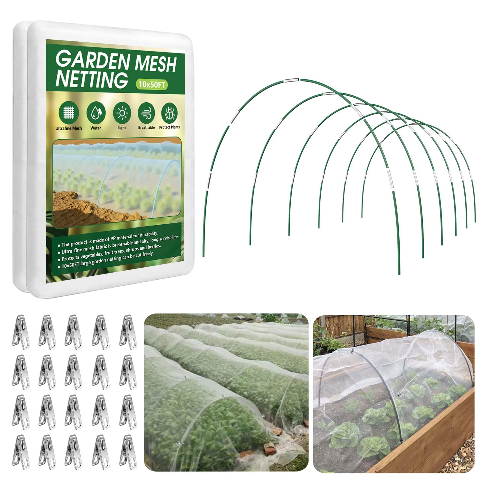 Photo 1 of Garden Netting Kit for Raised Beds, 10x50FT Ultra Fine Mesh Netting? 6 Sets of 8FT Fiberglass Garden Hoops, Row Cover Insect Netting for Vegetable Plant Fruit Flowers Protection