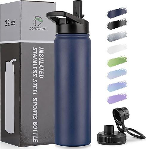 Miniatura 87 de DOMICARE Botella de agua aislada, 22 onzas, botella deportiva reutilizable de acero inoxidable aislada al vacío con tapa de popote y tapa de