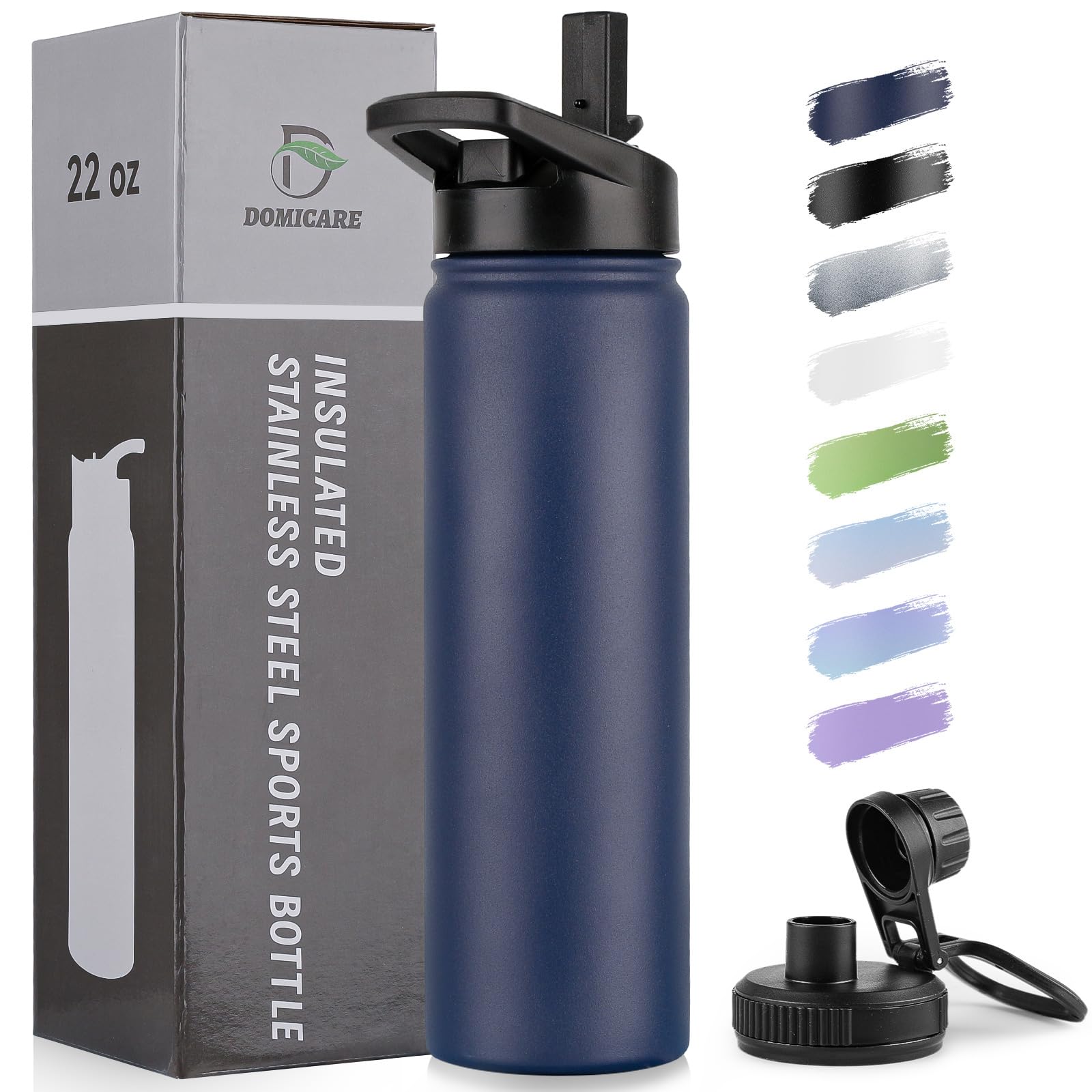 Insulated Water Bottle, 22 oz Vacuum Insulated Stainless Steel Reusable Sports Bottle with Straw Lid & Spout Lid for Travel, Camping, Bike, Leakproof, Navy Blue, 1 Pack
