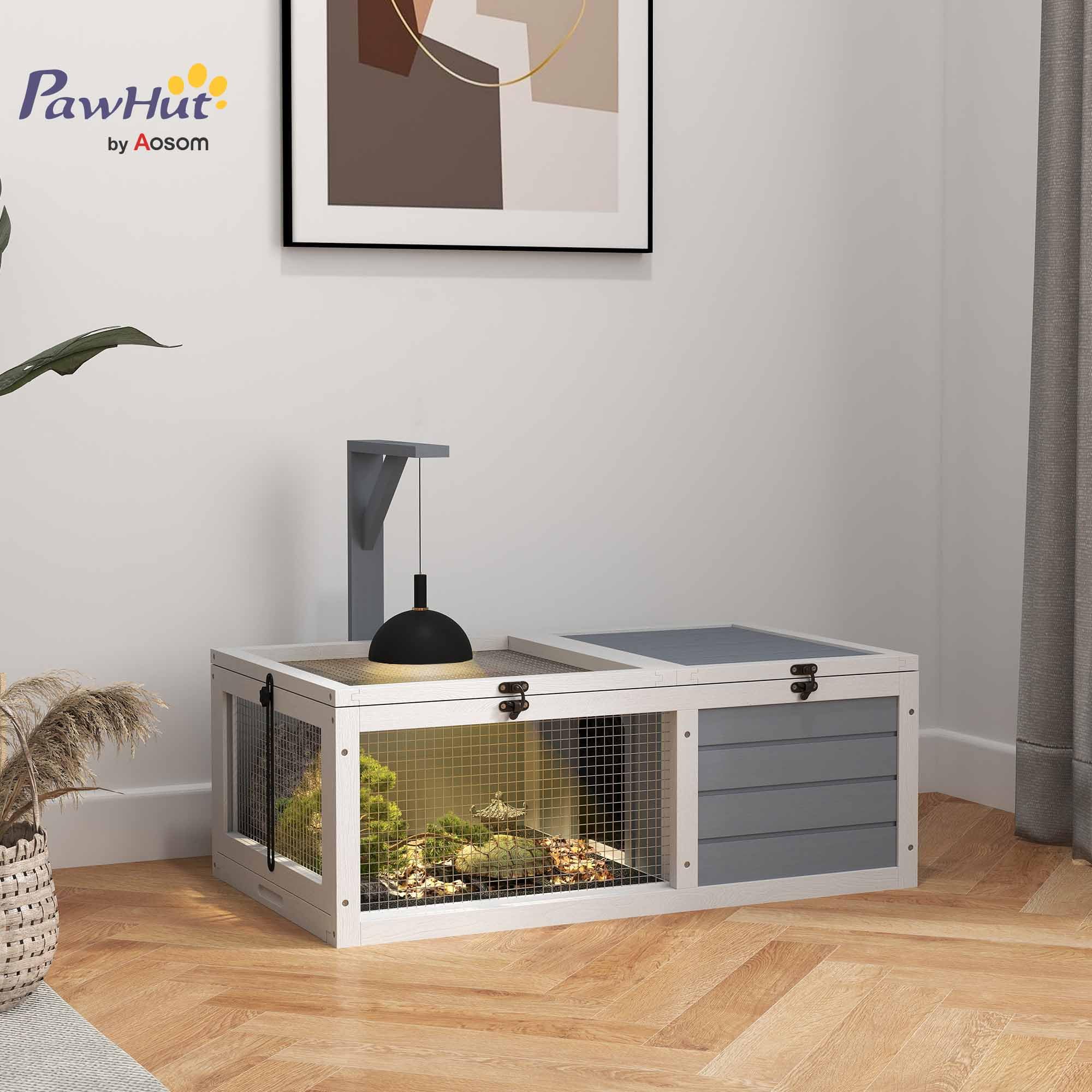 PawHut Enclos Tortue, Maison Tortue terrestre intérieur en Bois avec Support de Lampe, 2 Plateaux coulissants, Cage pour Tortue de Terre, Lapins et Petits Animaux - dim. 81 x 48 x 31,5 cm, Gris Clair
