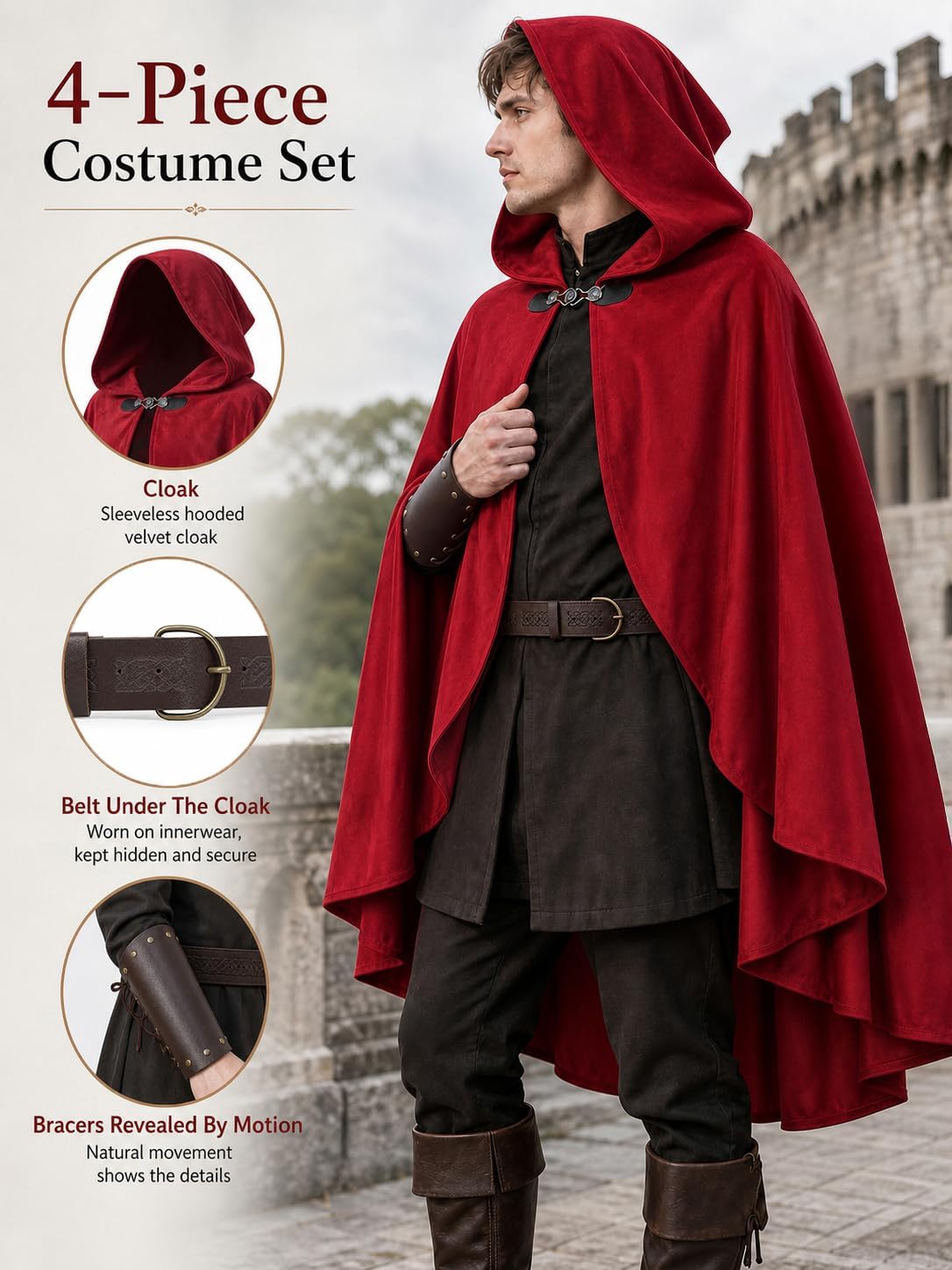 UQJE Medieval Cloak with Hood, Faux Velvet Cape for Renaissance Costume
