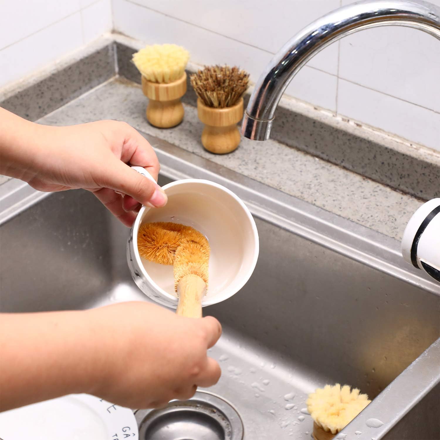 4 Pieces Bamboo Scrub Brush Mini Pot Brush Dish Scrubber Natural Scrub Brush with Handle for Cleaning Dishes, Pots, Pans