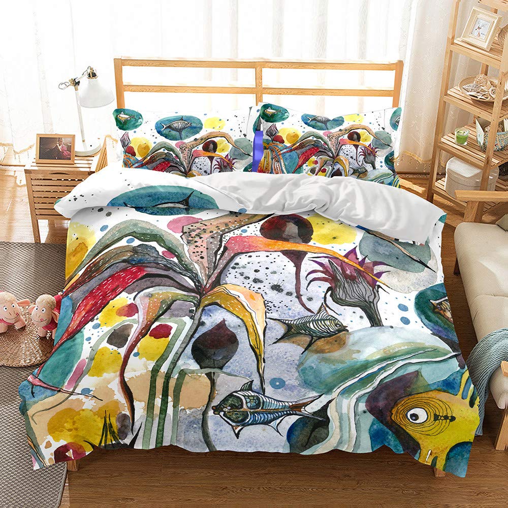 Stillshines zestaw pościeli podwójne łóżko dzieci chłopiec prezent kreskówka koncha konik morski meduza wielokolorowa ocean świat poszewka na kołdrę 200 x 200 cm z zamkiem błyskawicznym przeciw wilgoci, anty-roztoczom, gładka wygodna