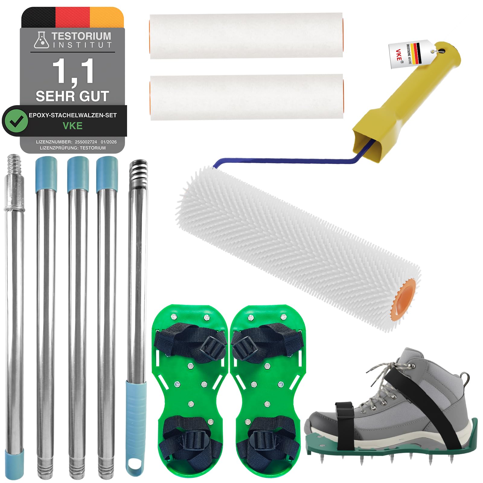 VKE Entlüftungswalze Set für Ausgleichsmasse - Stachellänge 14 mm, Profi Stachelwalze Ausgleichsmasse, 1 Nagelrolle 23 cm, 2 Farbrolle 23cm, Teleskopstange 1,5 m, Nagelschuhe 30 mm-Nur 1 Griff