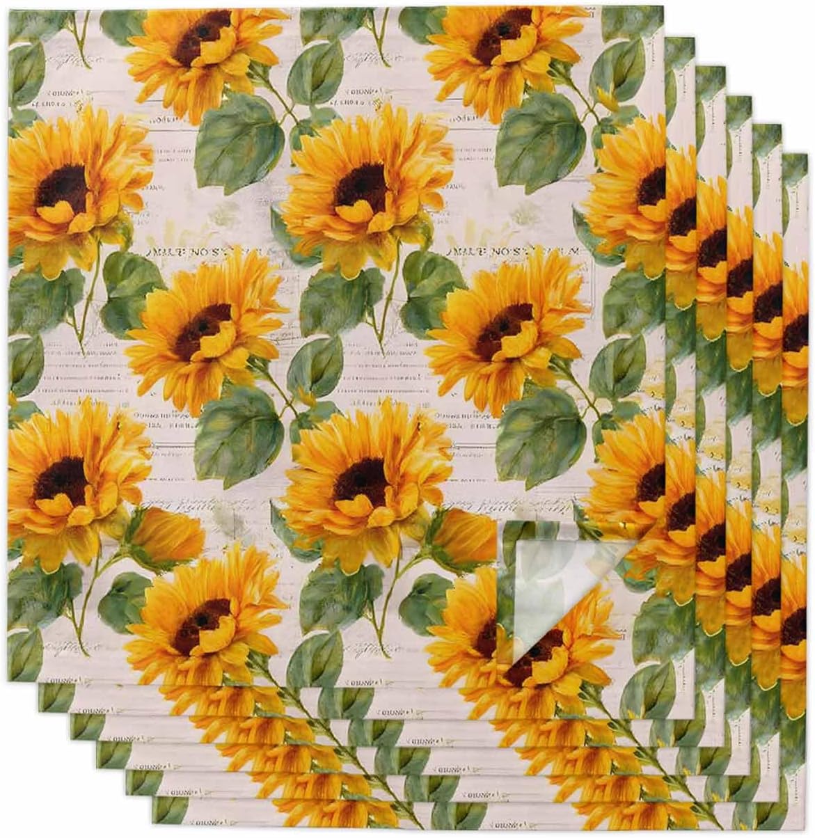 Retro Sunflowers Polyester Western Napkins Set of 6, Yellow Flowers Old Newspaper Background 20x20 Inch Elegant Dinner Napkins, Soft and Washable Table Linens for Formal Dining Wedding Party