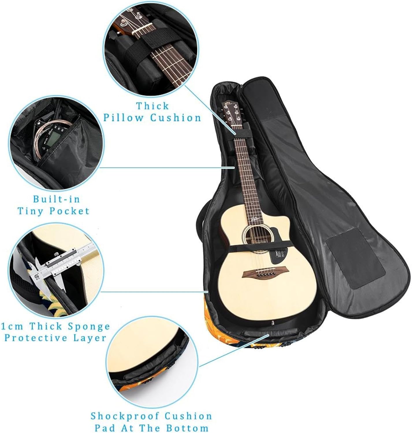 Acoustic Guitar Gig Bag 10mm Thick Padding, Soft Waterproof Guitar Case with Adjustable Backpack Straps for 40-42 Inch Guitar, Tropical Fruits and Flowers Hawaiian Pattern