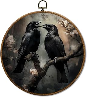 JUIOEIU Gothic Black Raven Round Wall Decor, Dark Academia Black Crow Floral Framed Canvas Prints, Gothic Moody Raven Wall Art Hanging Decorations for Home Bedroom Living Room Decor, 10x10in