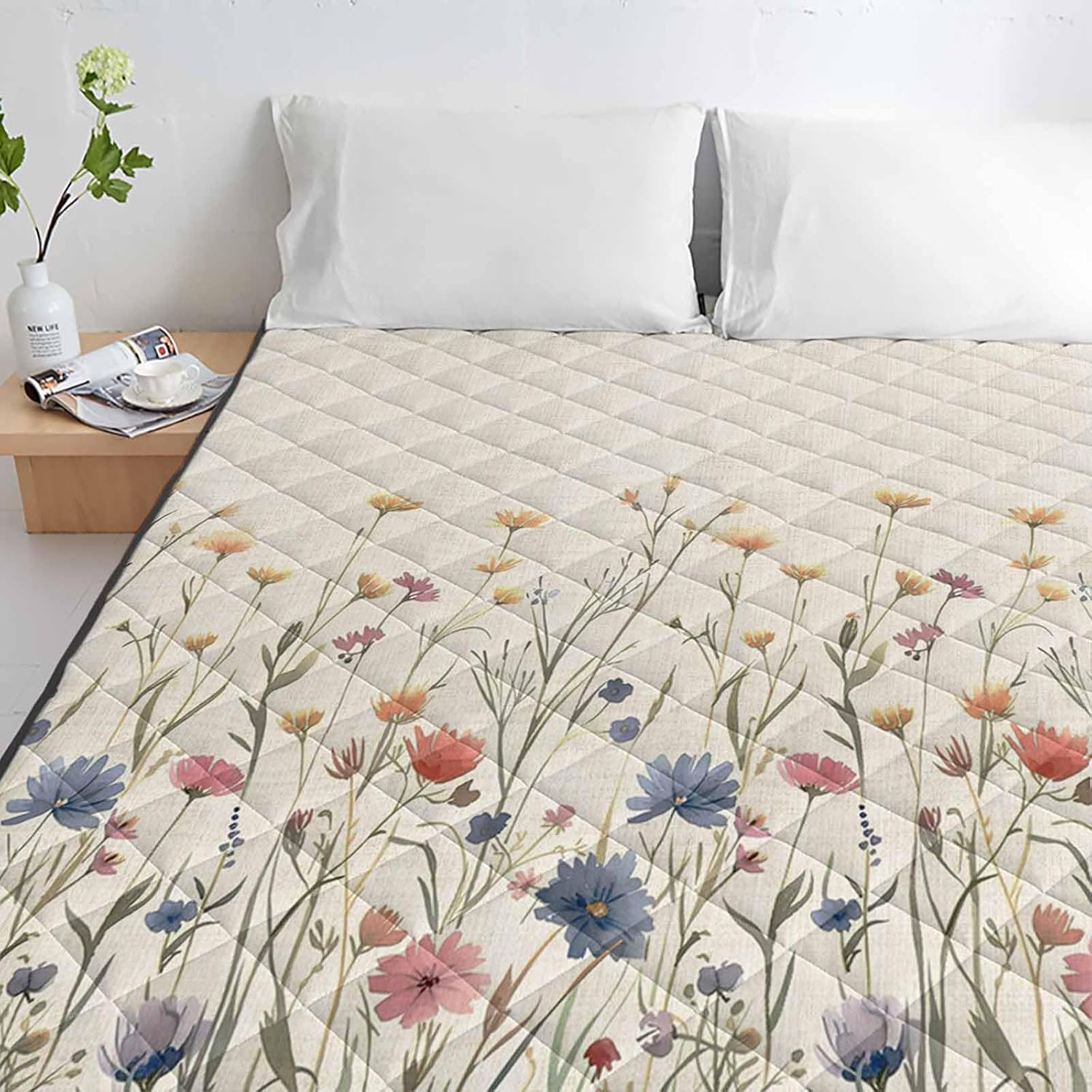 T&H XHome Quilt Queen Size Luxury Quilted Comforter Bedspread-Thin Soft Cozy, Floral Watercolor Leaves Colorful Daisy Linen Background Reversible Stitched Lightweight Quilt Coverlet for All Season