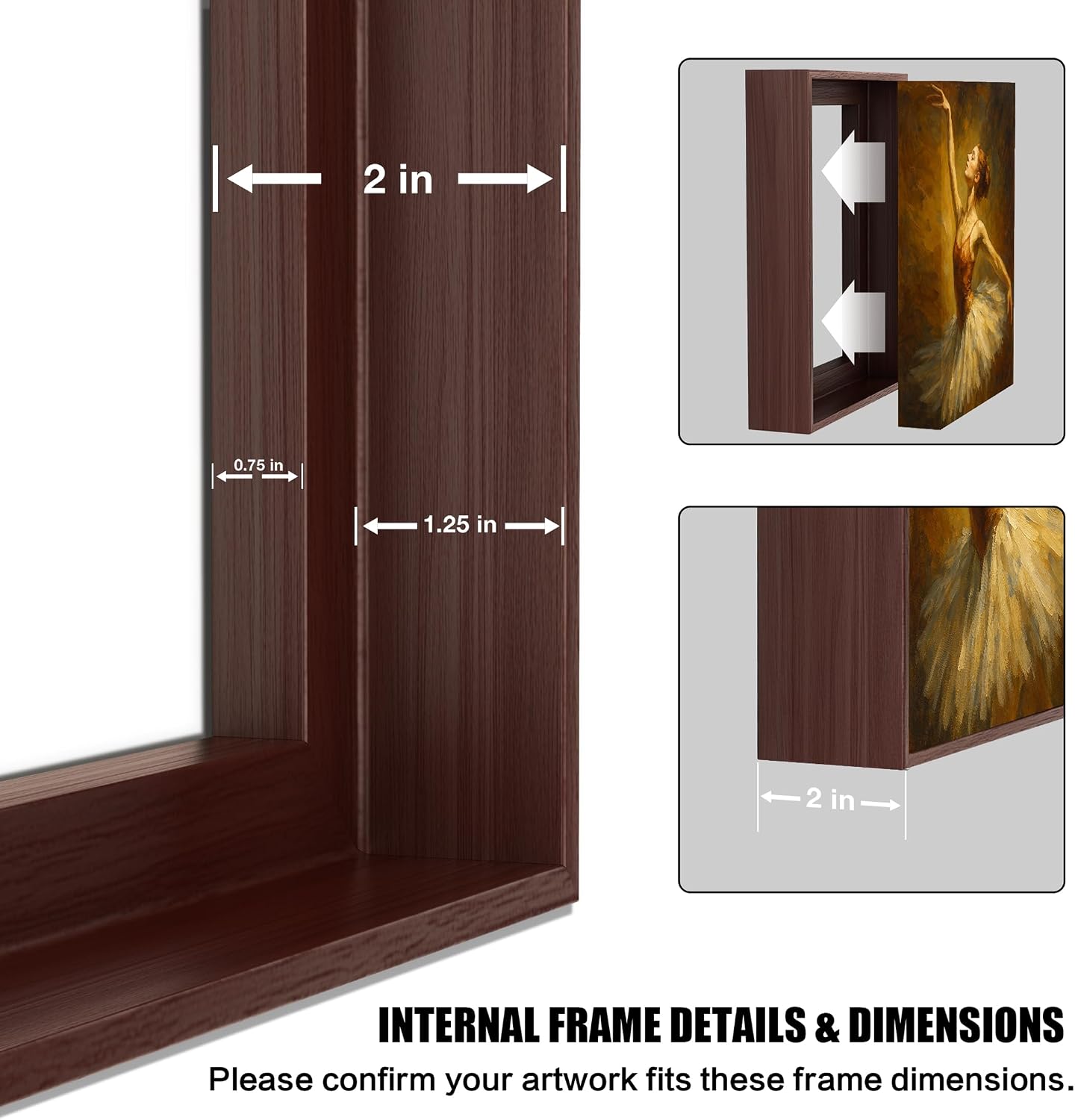 Canvas Floater Frame for Gallery-Wrapped Canvas 1" to 1.25" Deep, Modern Floating Picture Frame for Wall Art, Posters and Paintings, Wood Grain PS Frame with Hardware Dark Walnut 8 x 8 inch