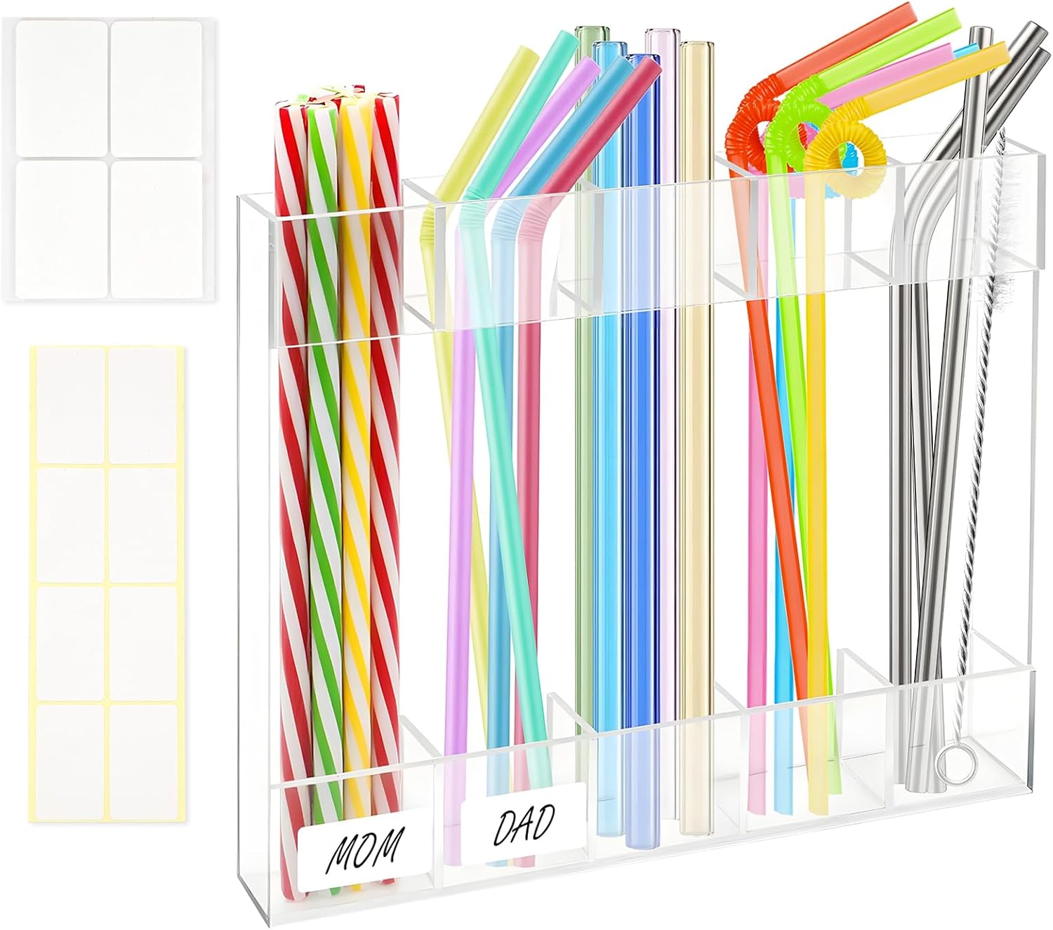 9.4” Large Acrylic Straw Holder, with Double Sided Adhesive Squares and Stickers, Reusable Straws Organizer Storage Dispenser, Kitchen Accessories Container, for Kitchen Counter Cupboard(Transparent)