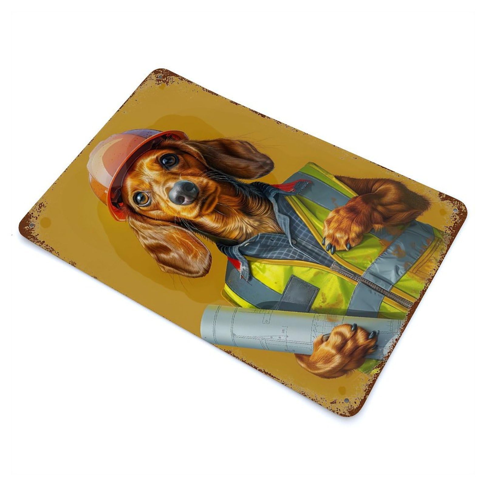 Construction Dog Rustic Tin Plaque 11.8"x7.9", Ideal for Shed, Workshop And Garage Wall Decor