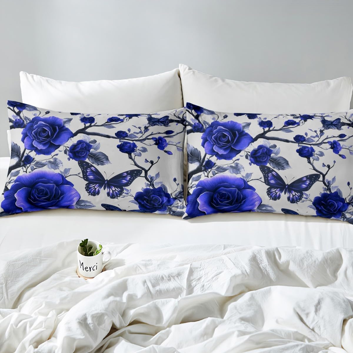 Rustic Blue Flowers Animals Full Size Fitted Sheet No Top Sheet,Botanical Branch Floral 3 Pieces Kids Teenager Room Decor Butterfly Rose Pocket 2 Pillowcases