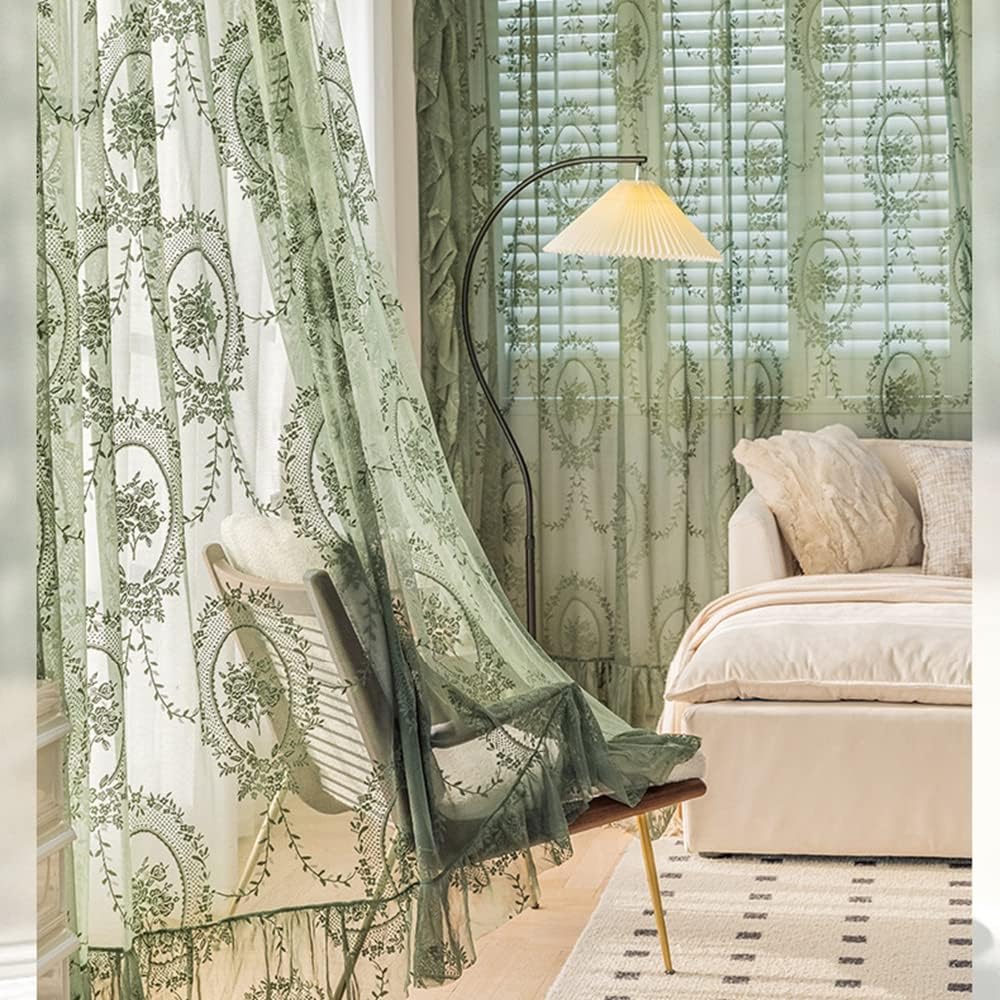 ZZC Lace Sheer Curtains with Scallop Ruffle Edge for Living Room Farmhouse 96 Inch Long Rustic Vintage Floral Embroidered Voile Panels Rod Pocket Window Treatment Set 2 Panels, Green, W52 x L96 Inch