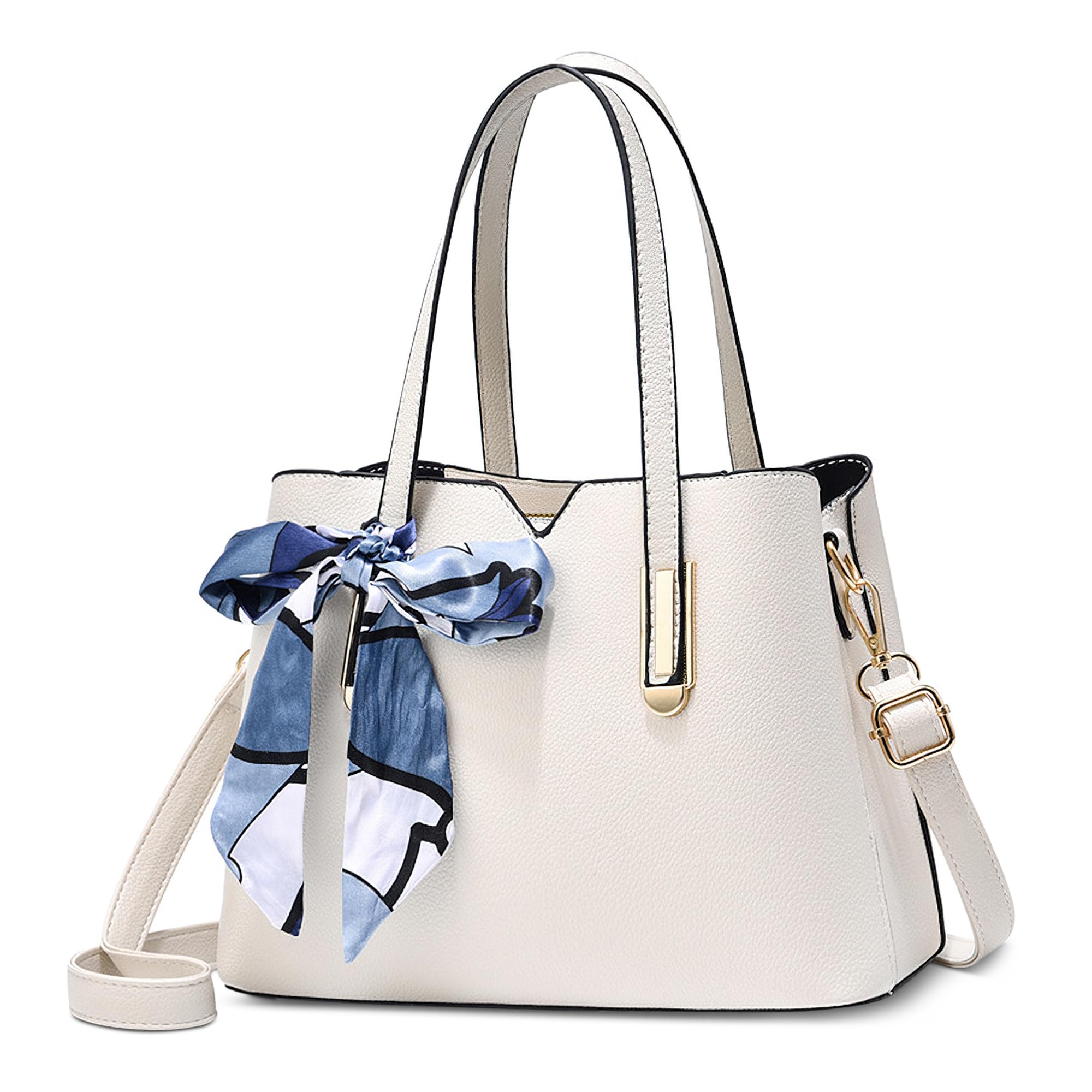FOLOVEYA Bolsa de Mujer Bolso de Mano Moda Cinta del Arco Elegante Señoras Bolso Tote Bolso Bandolerade Cuero PU Bolso de Hombro para Viajar Trabajo Negocio Citas Blanco
