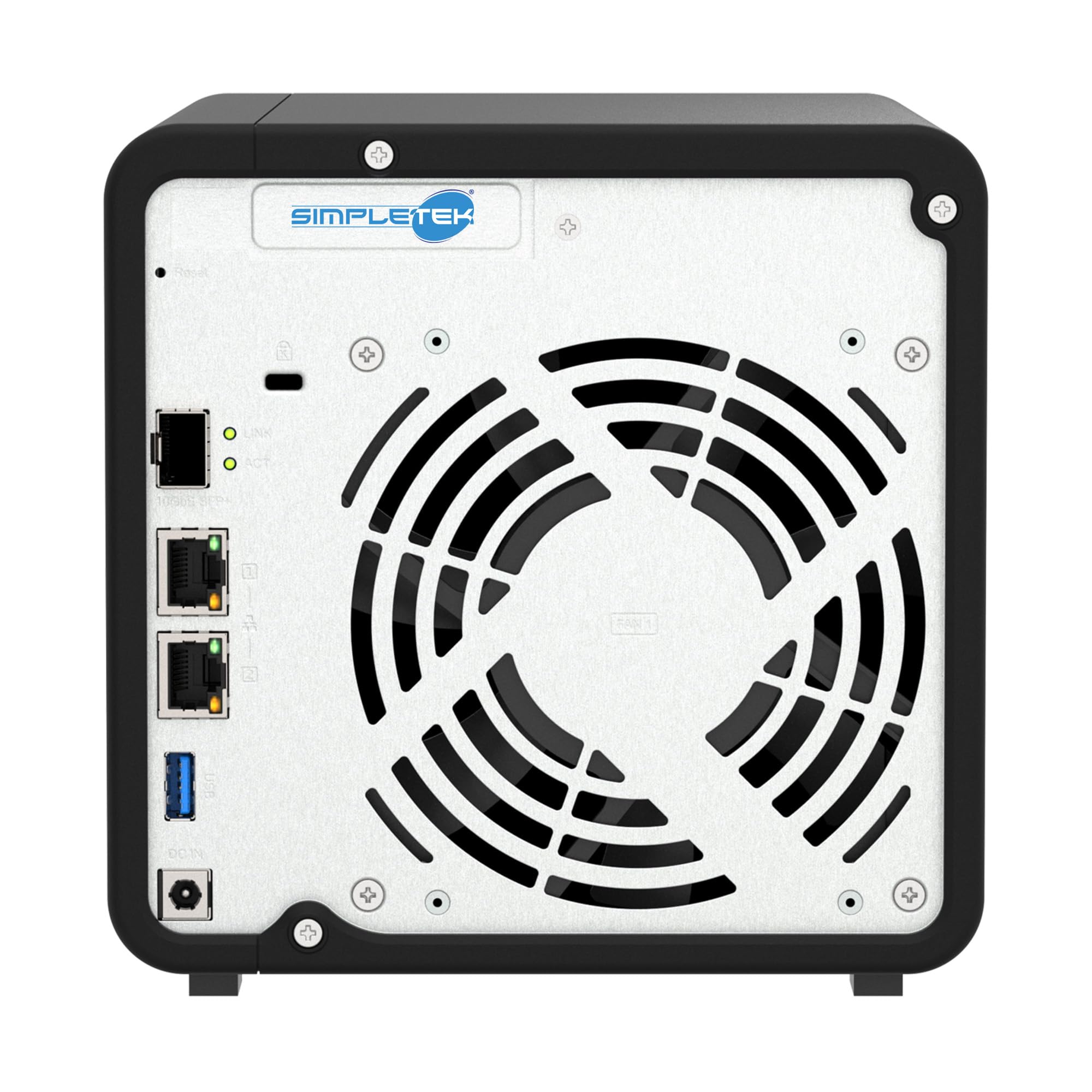 SIMPLETEK - Profesjonalny 4-komorowy serwer NAS - 10 GbE SFP+ i 2,5 GbE - 4 GB RAM (maks. 16 GB) - w zestawie 4 x 240 GB SSD - 2 gniazda M.2 NVMe - podwójny port 2,5 GbE