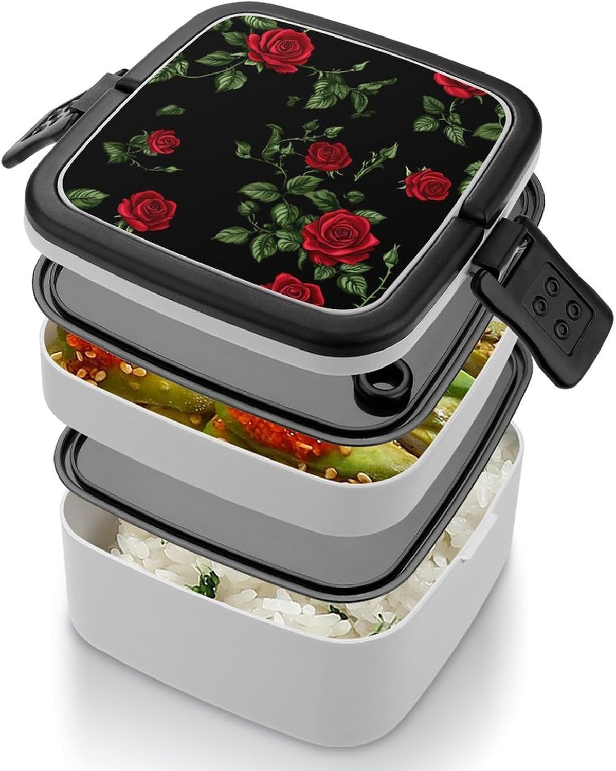 Rose Flower Bento Box with Spoon 2 Layer Food Container Cute Lunch Box for Travel Dining Work