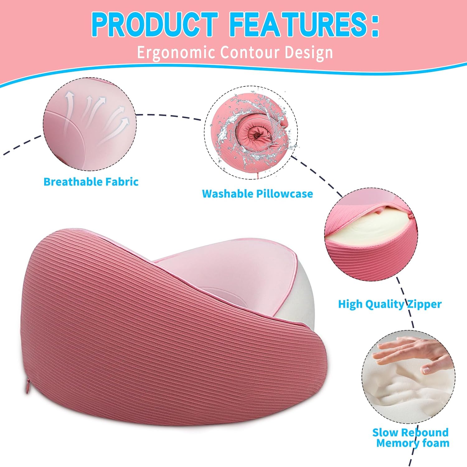 コンフォートメモリーフォームトラベルピロー - 調節可能&amp;コンパクト 飛行機、車、電車旅行に最適 360&deg;サポート 通気性の