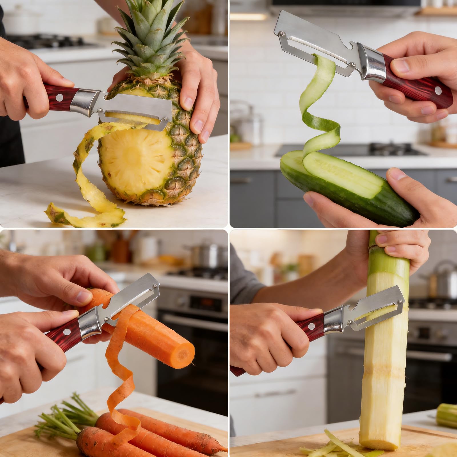 Multifunctional Vegetable Peeler, 2 in 1 Stainless Steel Fruit Veggie Peeler, Handheld Potato Peeler Knife with Bottle Opener Kitchen Tool for Peeling Carrrot Pineapple Pumpkin Papaya(2 Pack) — view 5