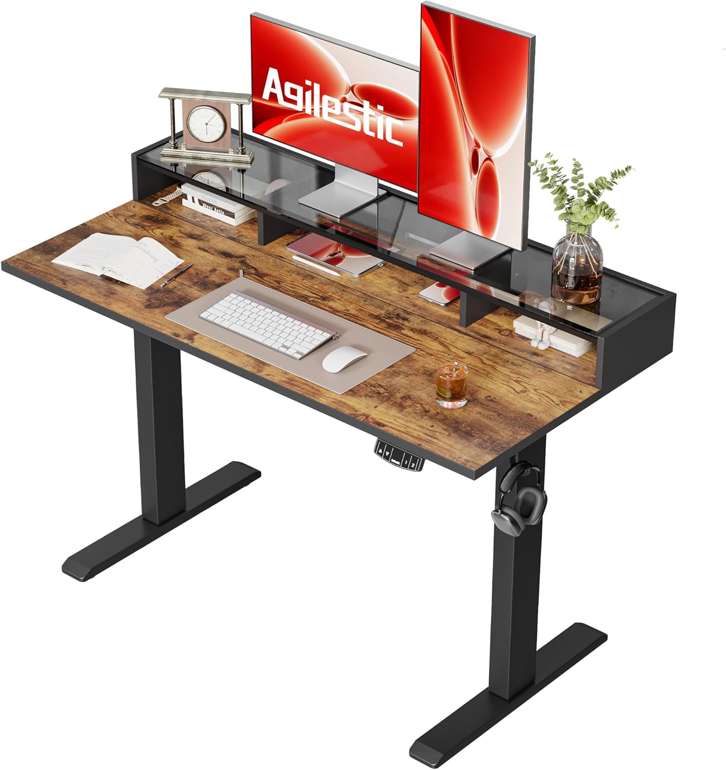 Agilestic Glass Standing Desk with Storage, 48 Inch Electric Adjustable Desk with Glass Shelf, Sit Stand Up Home Office Computer Table, Splice Board, Rustic Brown