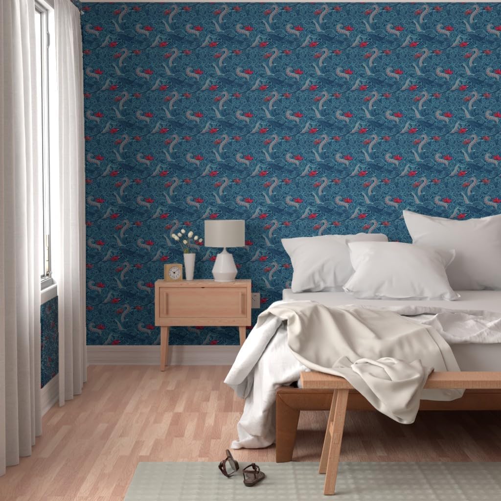 Spoonflower Commercial Grade Wallpaper Swatch - Octopus Ocean Small Print Japanese Hawaii Wave Nautical Traditional Wallpaper